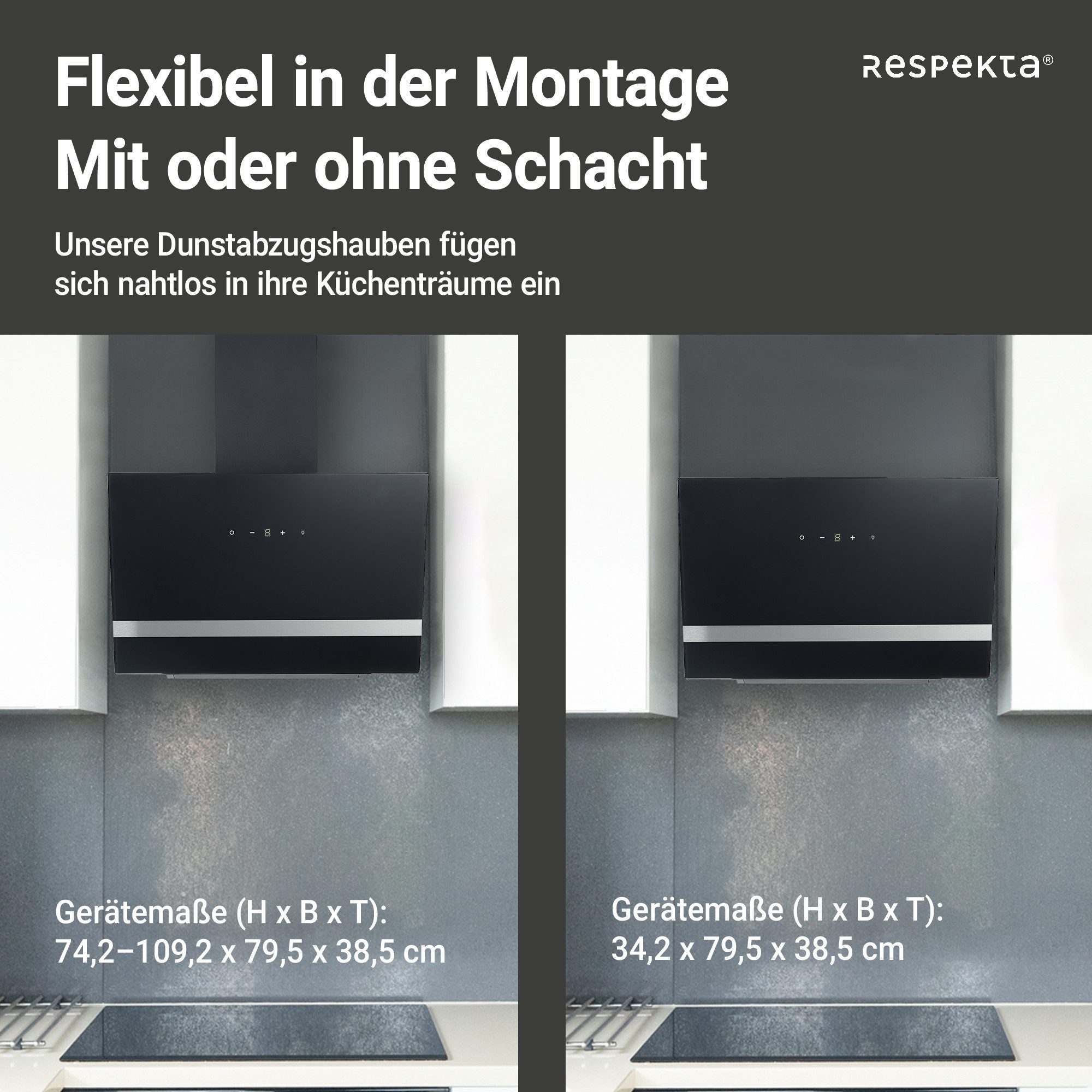 RESPEKTA Wandkap CH 24080 80 cm, 3 vermogensniveaus, led-verlichting, geschikt voor afzuiging en recirculatie