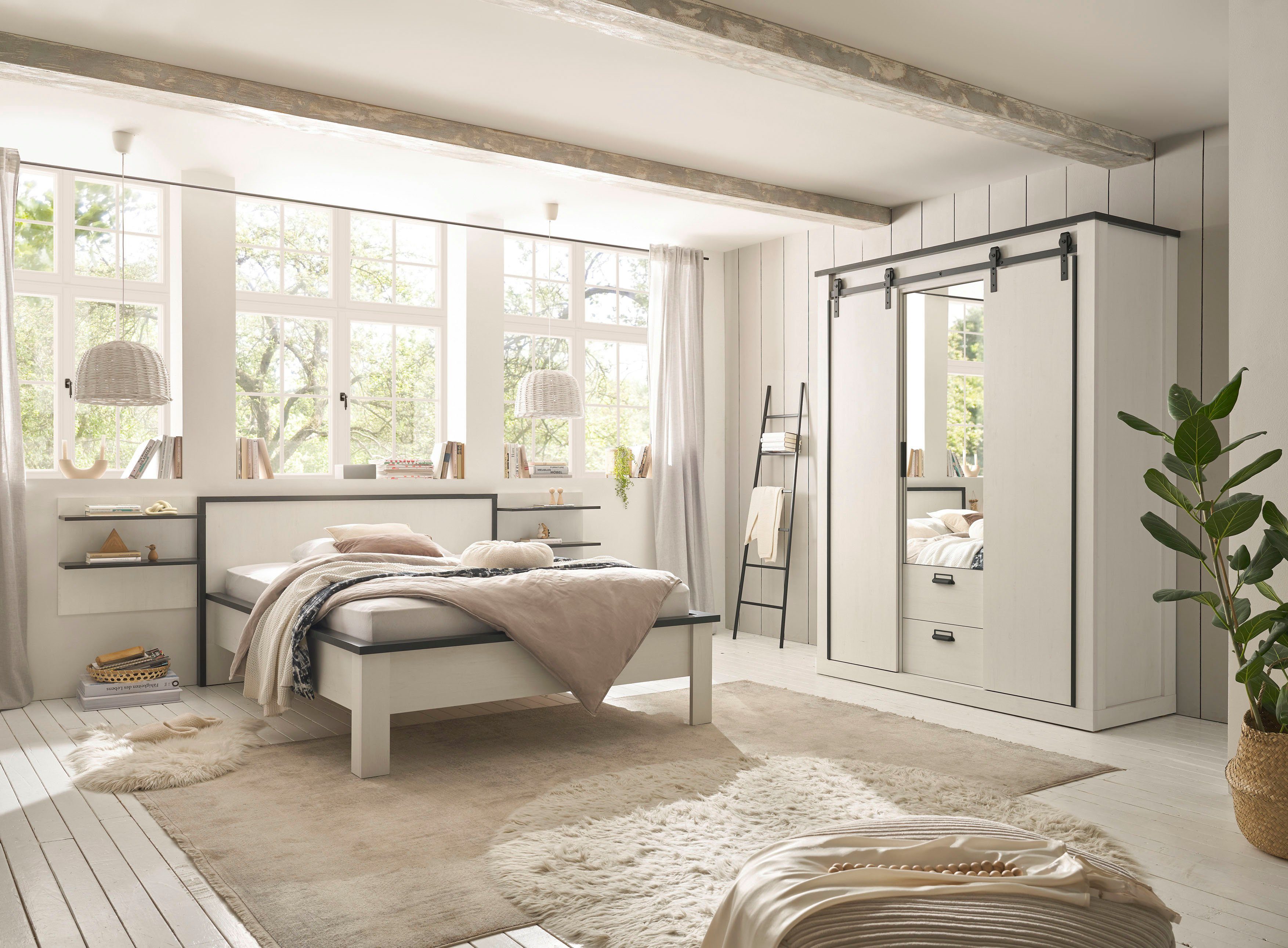 Home affaire Slaapkamerserie Sherwood Ligoppervlak 140 x 200 cm, kast 3-deurs 161 cm breed (4-delig)