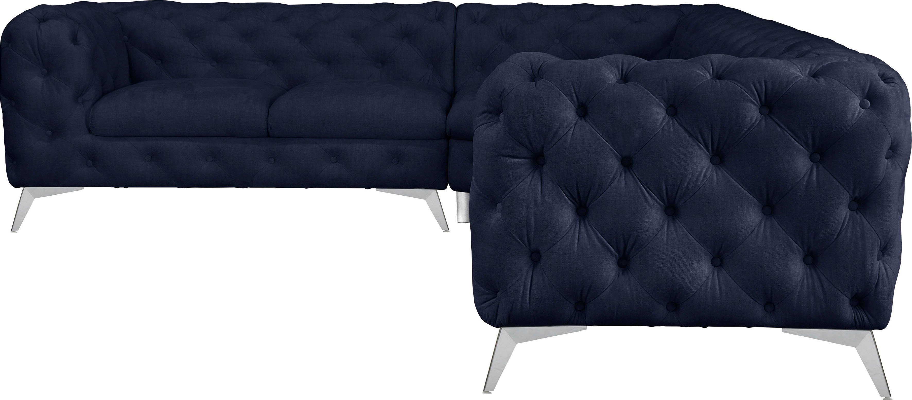 Leonique Chesterfield-bank Glynis L-vorm luxueuze capitonnage, moderne chesterfield look, kleur van de poten ter keuze blauw, chesterfield banken,