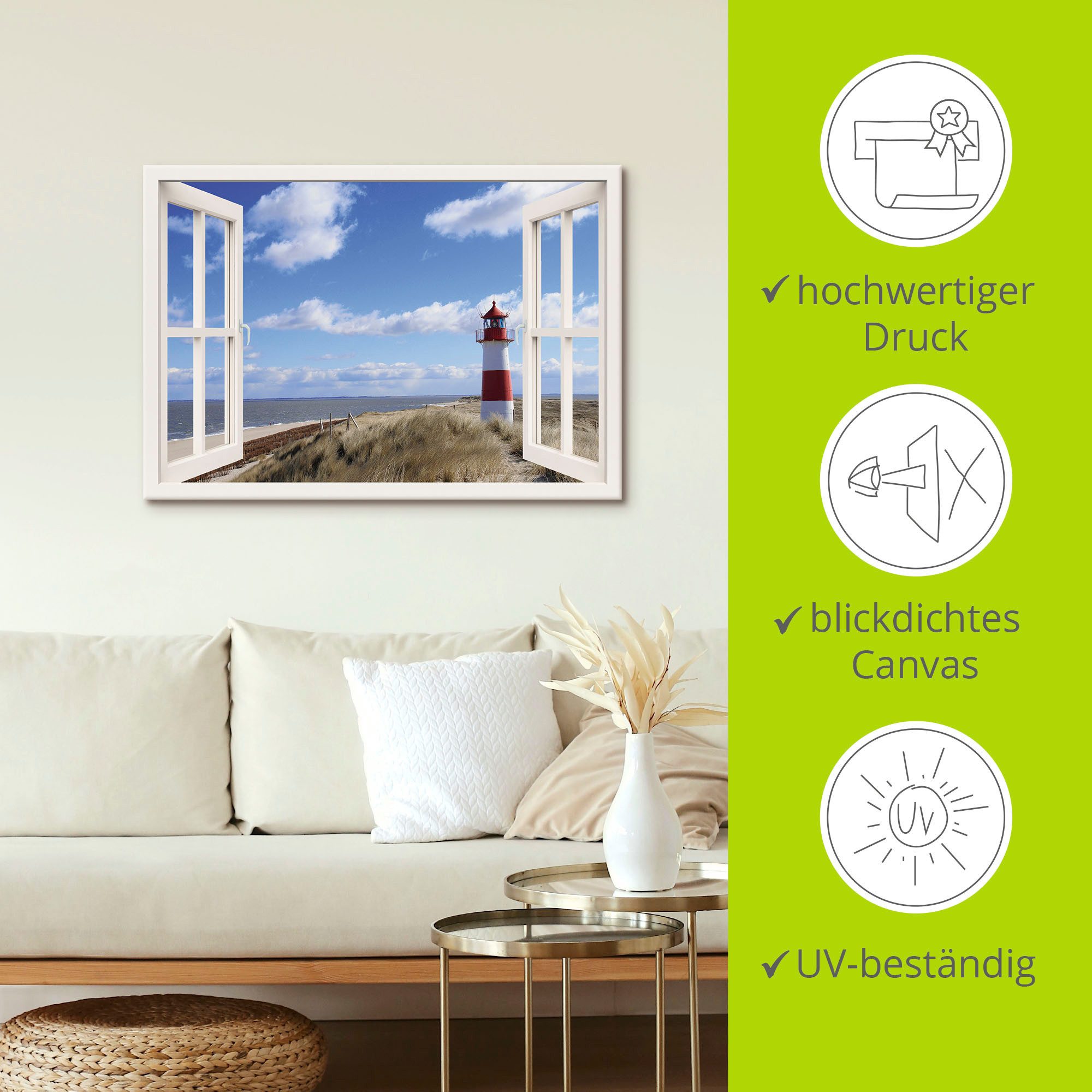 Artland Artprint Blik uit het venster - vuurtoren Sylt als artprint op linnen, poster, muursticker in verschillende maten