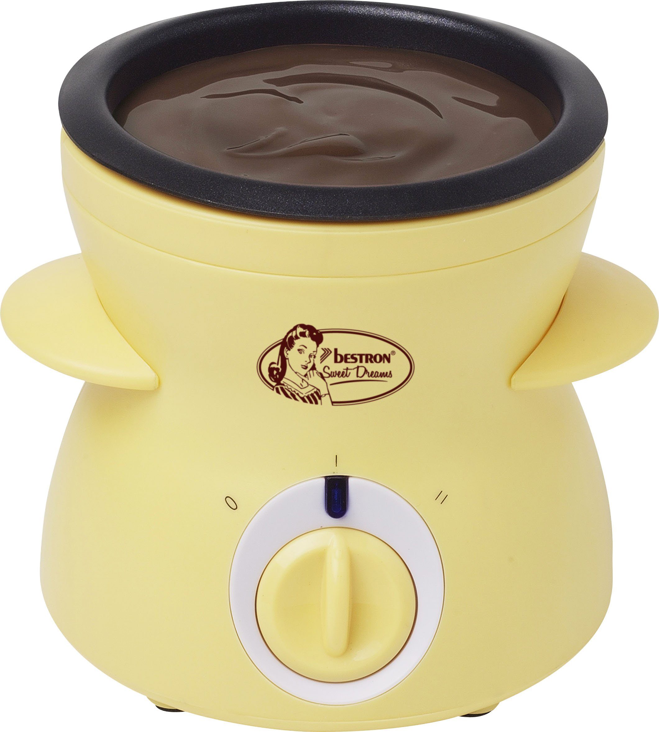 bestron elektrische fonduepan mini-chocoladefondueset inclusief 10 spiesen, 10 vorken en 1x spatel, 25 w, kleur: geel geel