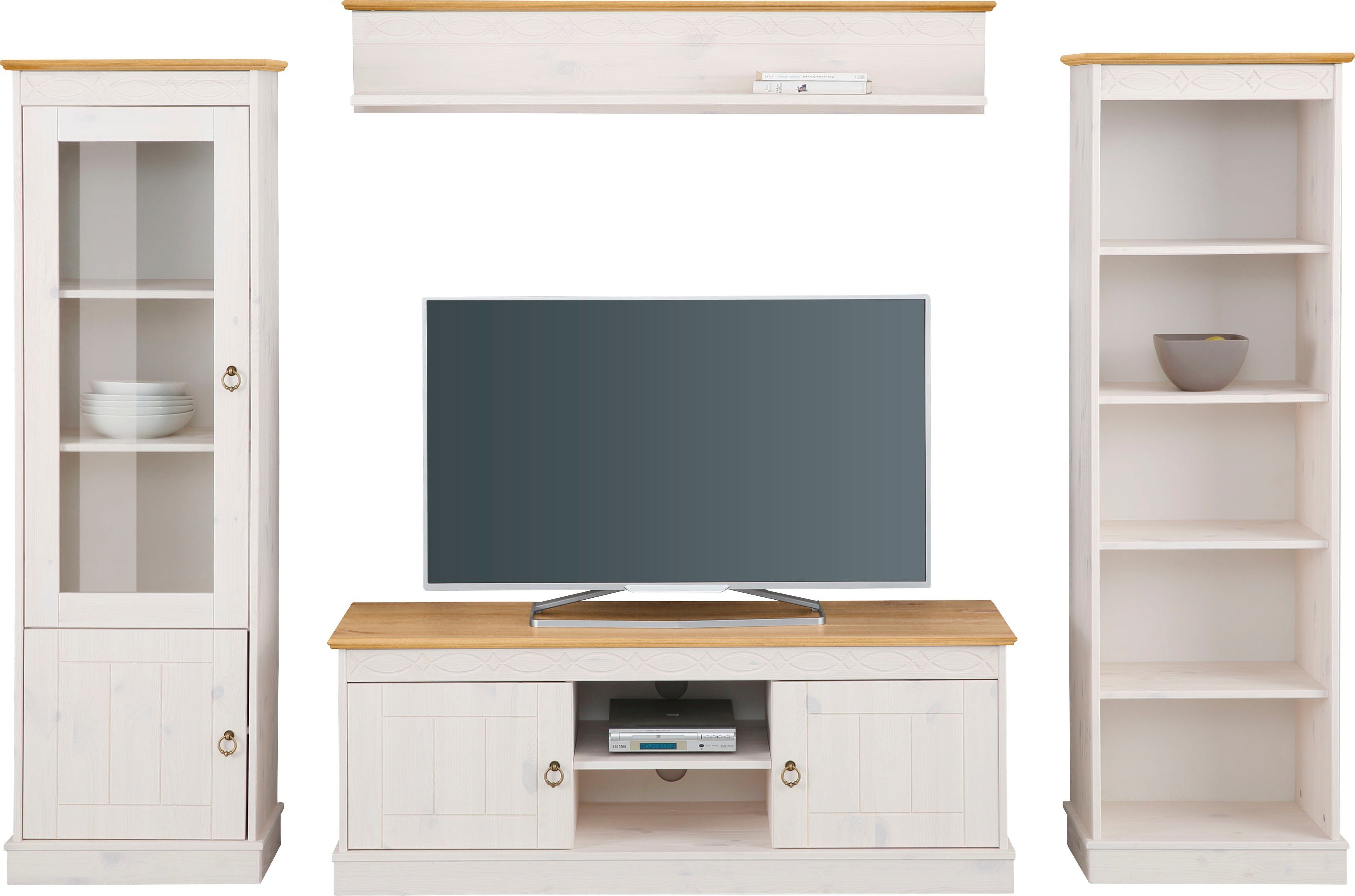 Home affaire Wandmeubel Indra 4-delig set: vitrinekast, lowboard, wand- & staande plank, massief dennenhout (set, 4-delig)