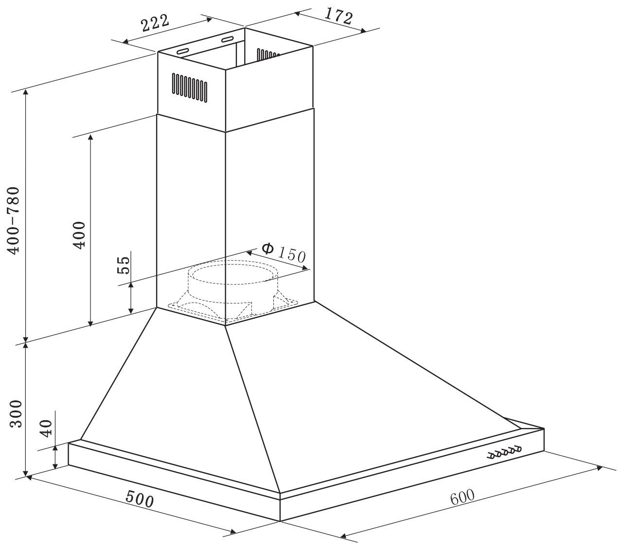 RESPEKTA Schouwkap CH 22078 IXB 60 cm, 3 vermogensniveaus, led-verlichting, geschikt voor afzuiging en recirculatie