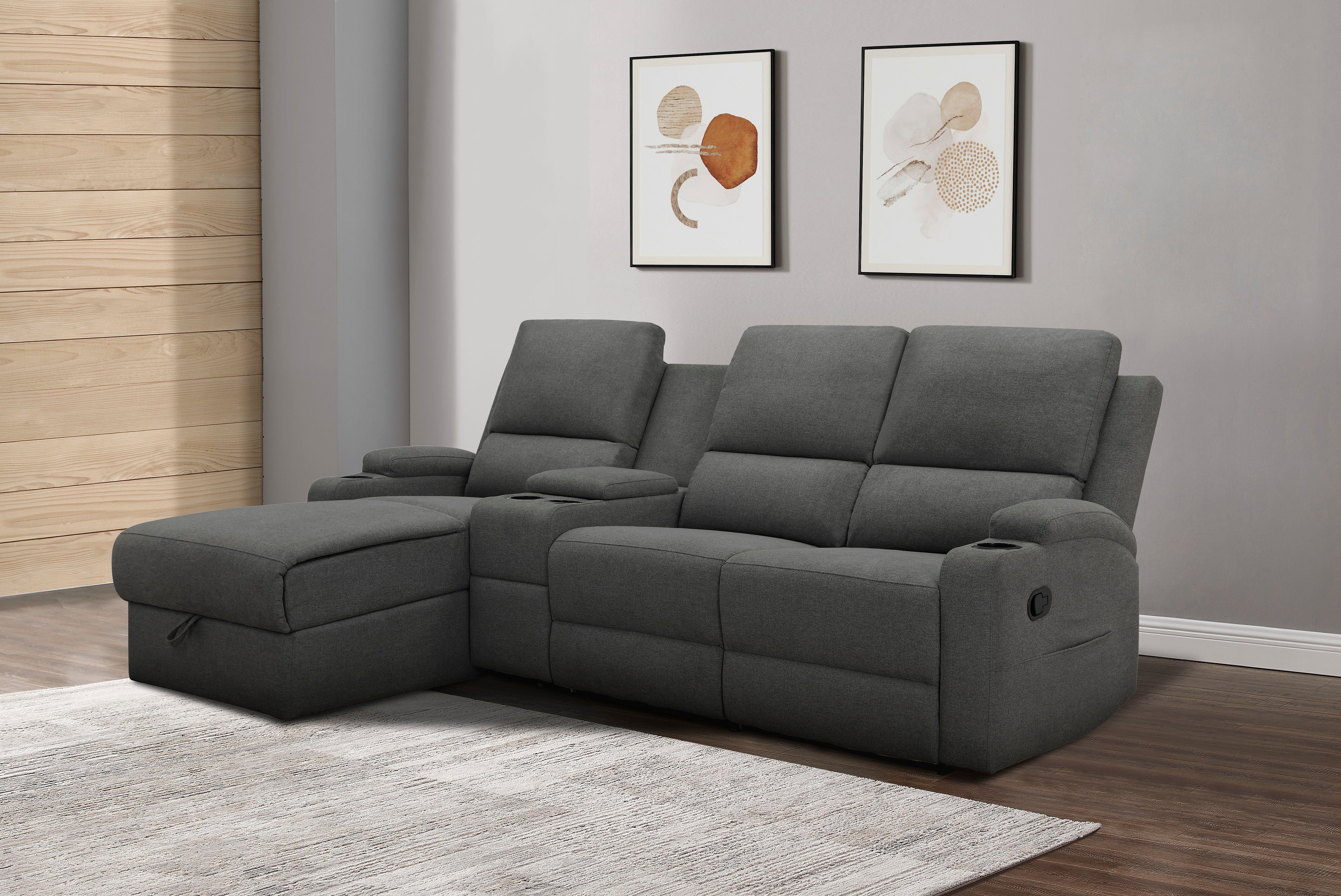 Home affaire Hoekbank Napori multimediabank, 3 bioscoopstoelen XXL, L-model, Bioscoopbank met relaxfunctie, bekerhouder, opbergvak en opbergbox