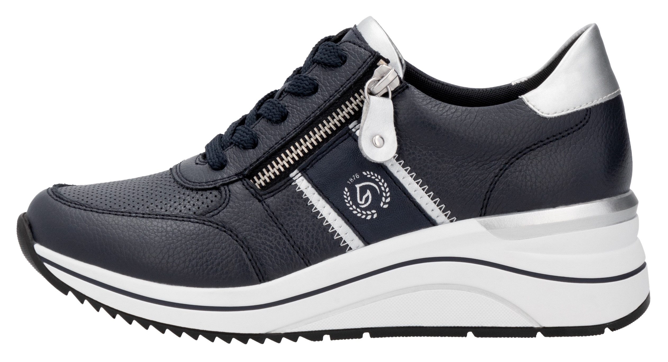 Remonte Sneakers met sleehak , vrijetijdsschoen, lage schoen, veterschoen met metallic contrastaccenten