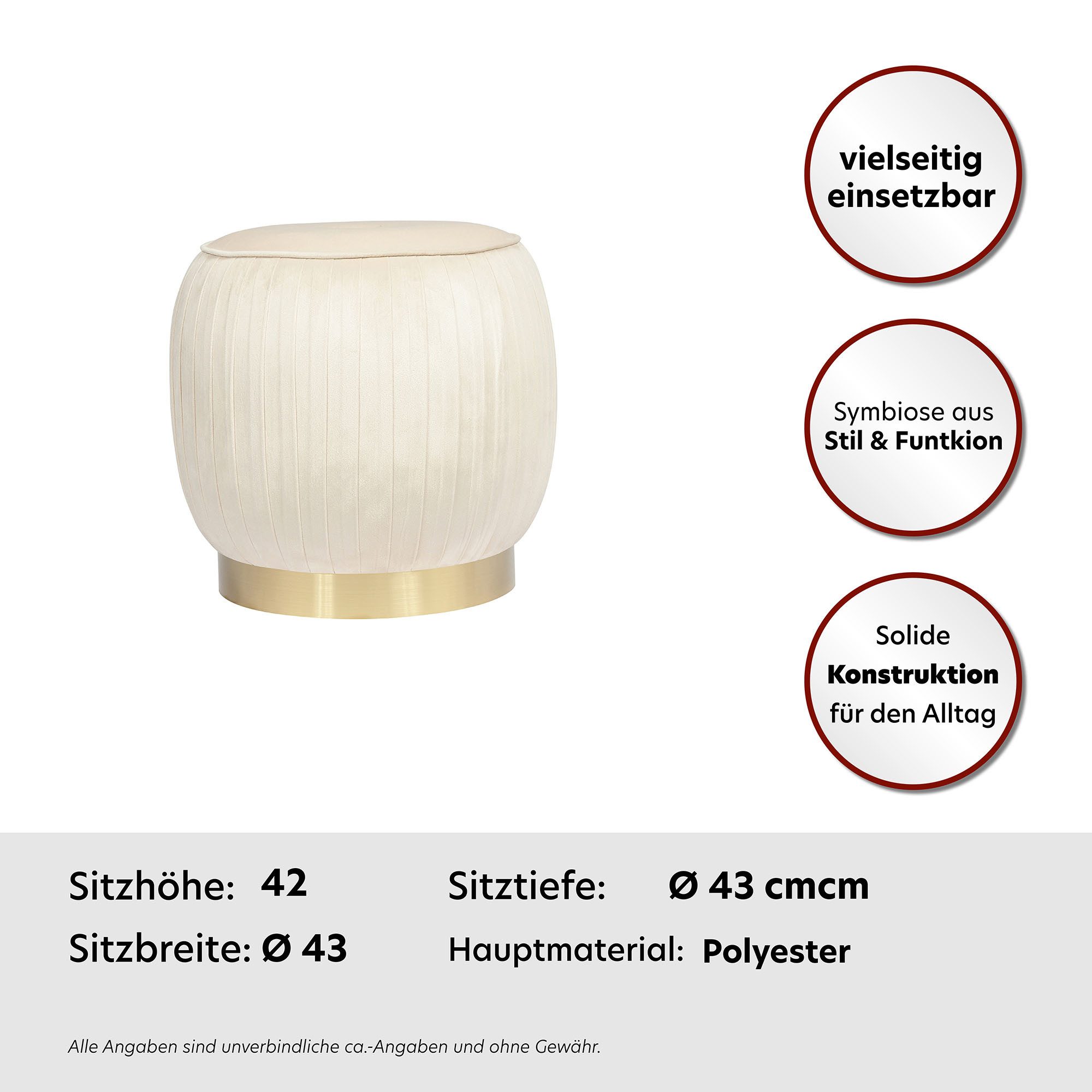 Kayoom Hocker Kruk Lyla 125, elegante uitstraling door goudkleurige sokkel, fluwelen bekleding fluweelzacht, gestikte siernaad, roestvrijstalen voet, hoogwaardige fluwelen bekleding (1 stuk)