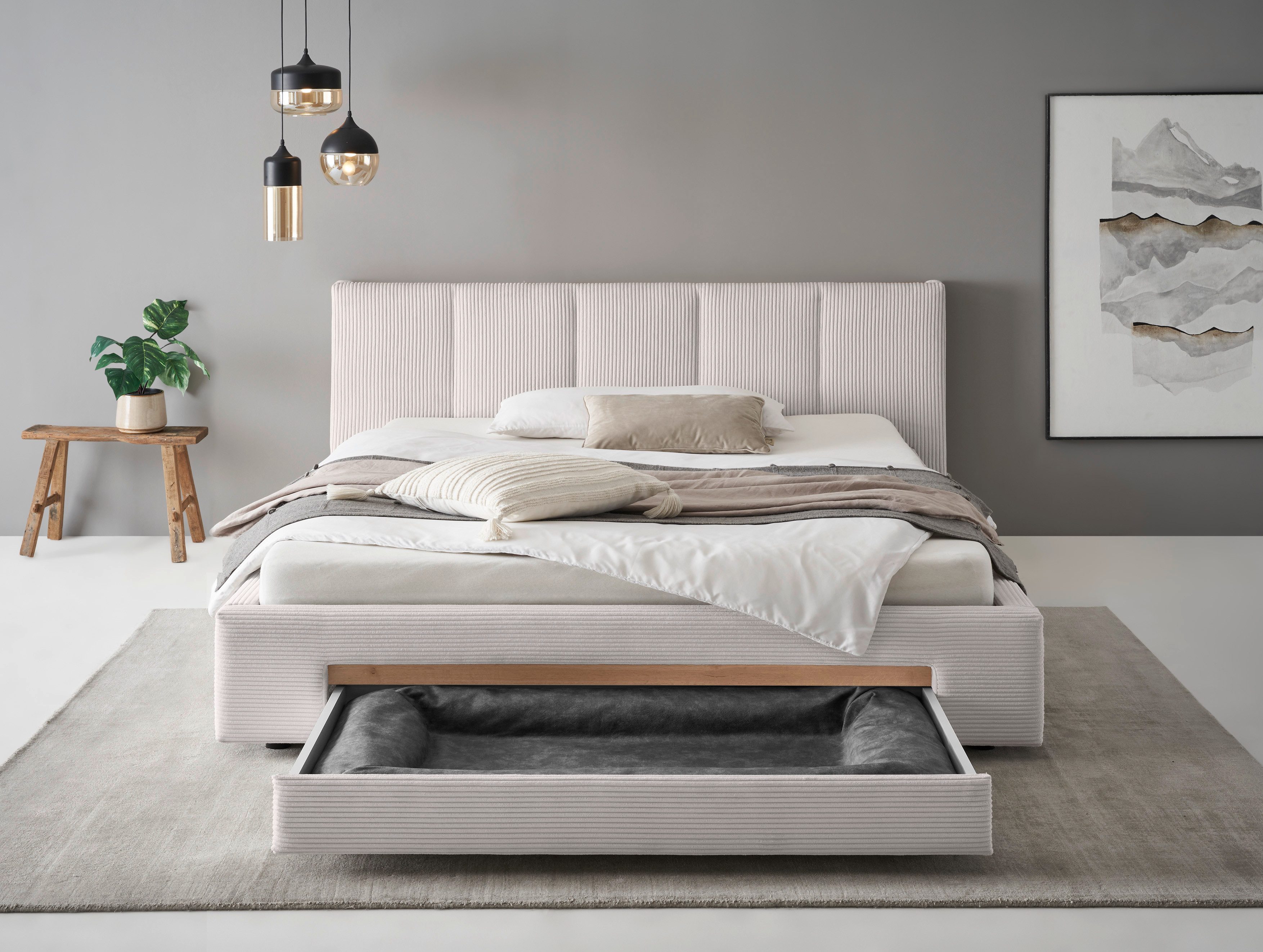 INOSIGN Gestoffeerd bed CiTY/GiRON, bedframe met bedlade, gestoffeerd opbergbed met hondenbed of opberglade, bekleding van corduroy of linnenlook
