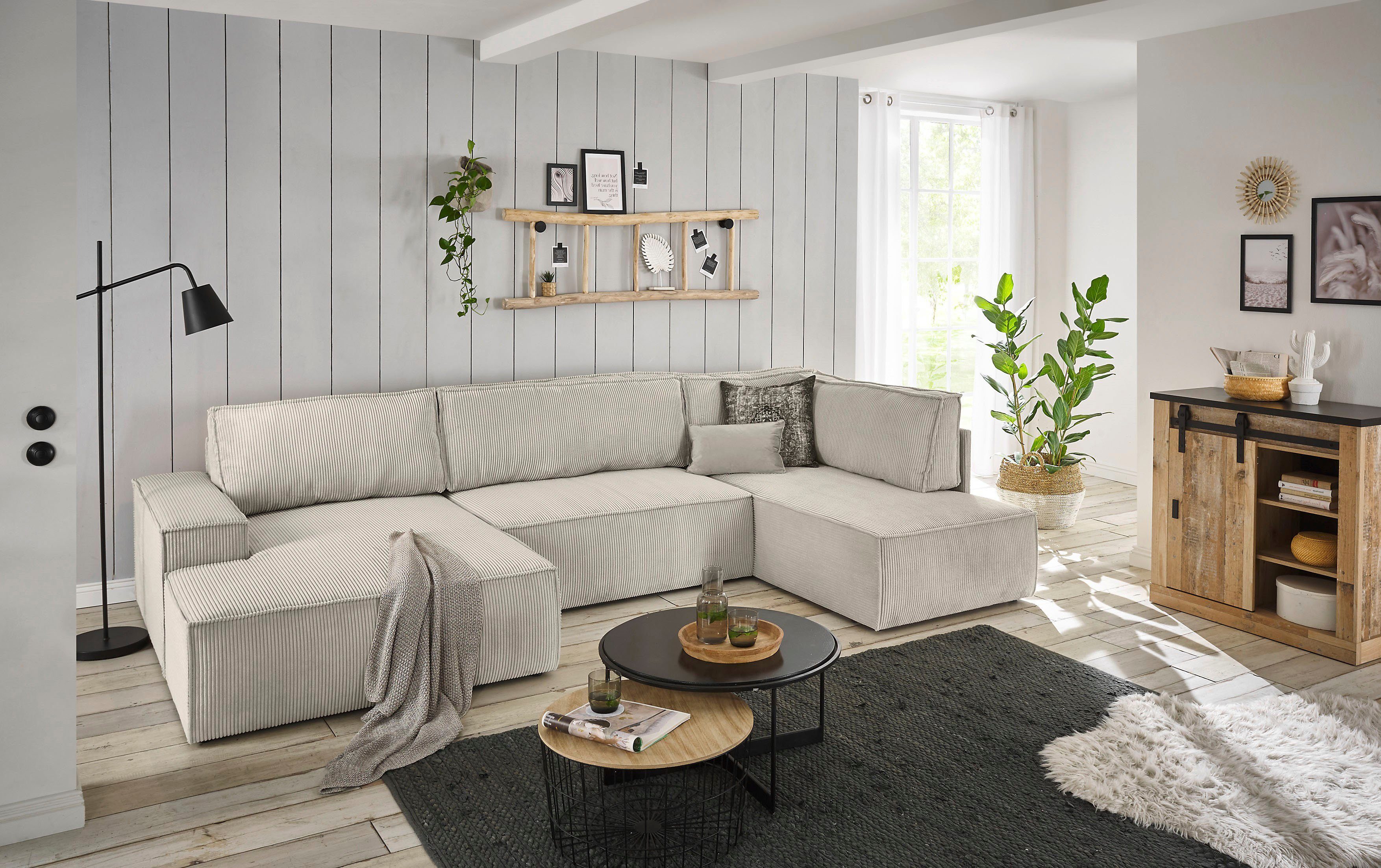 Home affaire Zithoek SHERWOOD 329 cm, U-vorm, slaapbank, Slaapfunctie met bedkist (194x139 cm), cord, vintage, fluweel