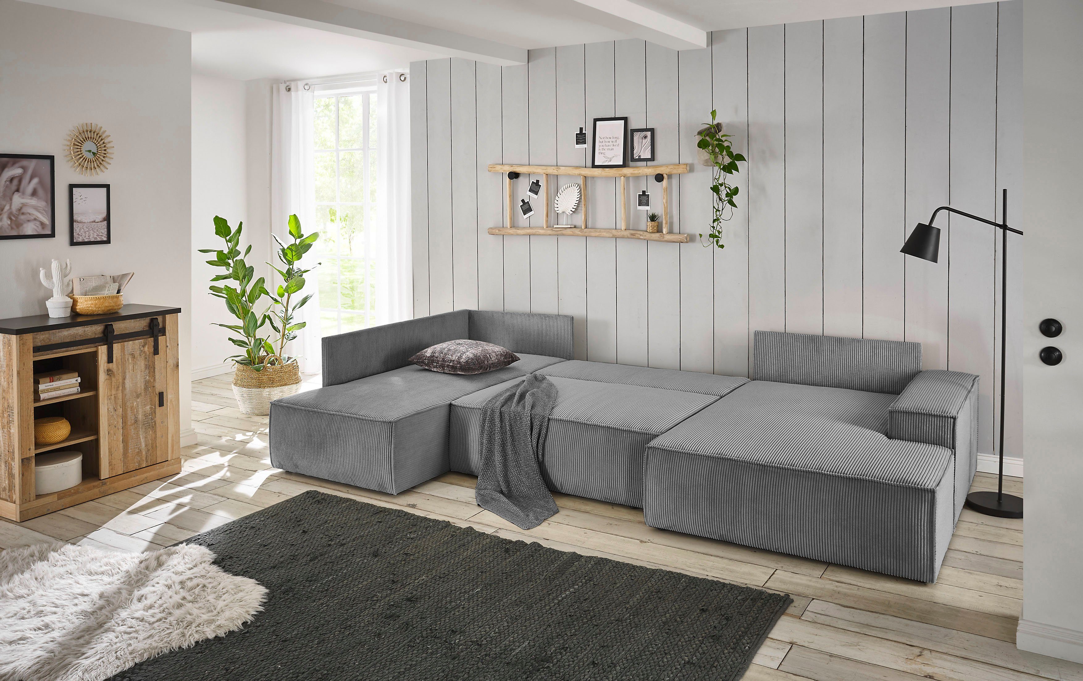 Home affaire Zithoek SHERWOOD 329 cm, U-vorm, slaapbank, Slaapfunctie met bedkist (194x139 cm), cord, vintage, fluweel