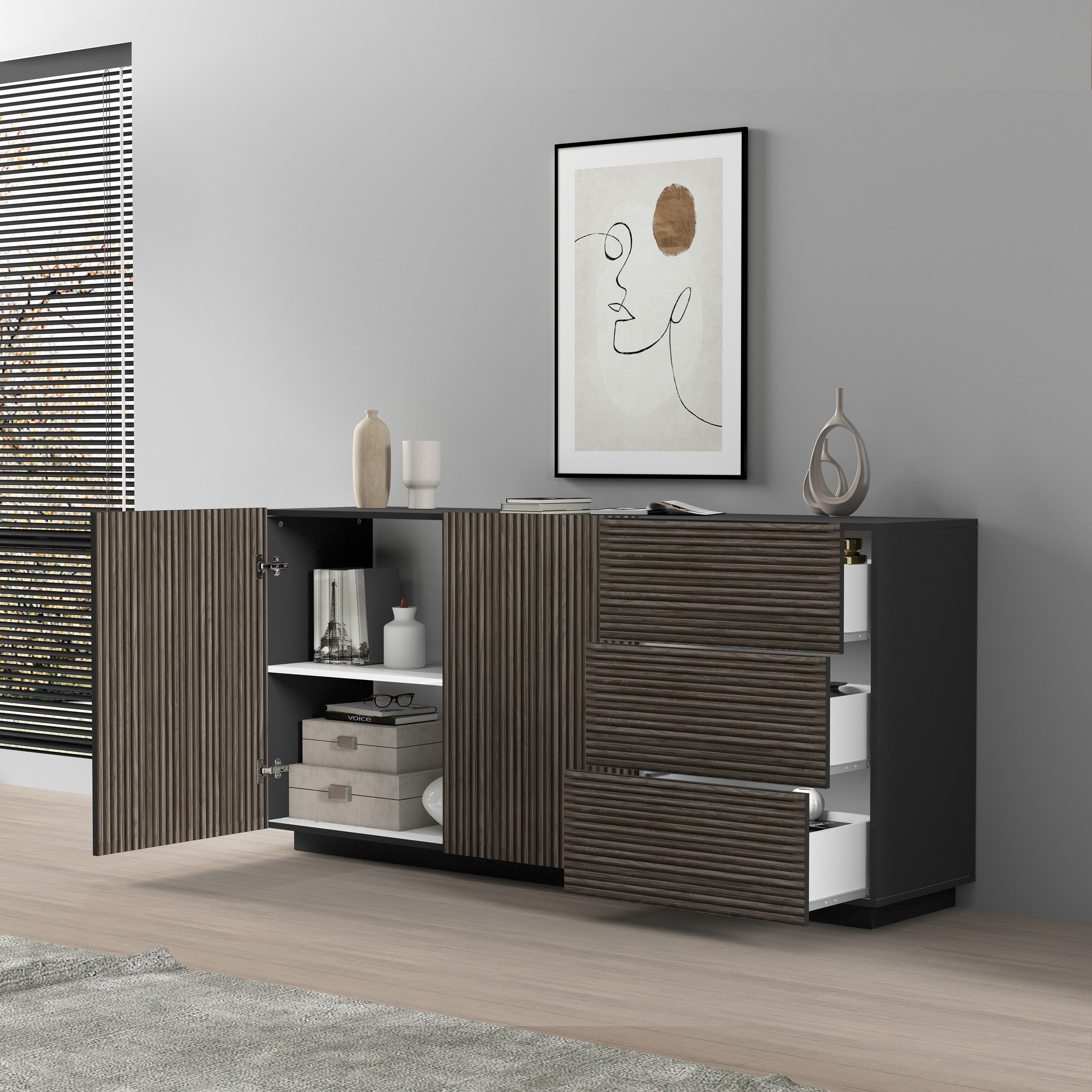 INOSIGN Dressoir Vega Sideboard, Ladekast, 180 cm met 2 deuren en 3 lades, fronten met groeflook