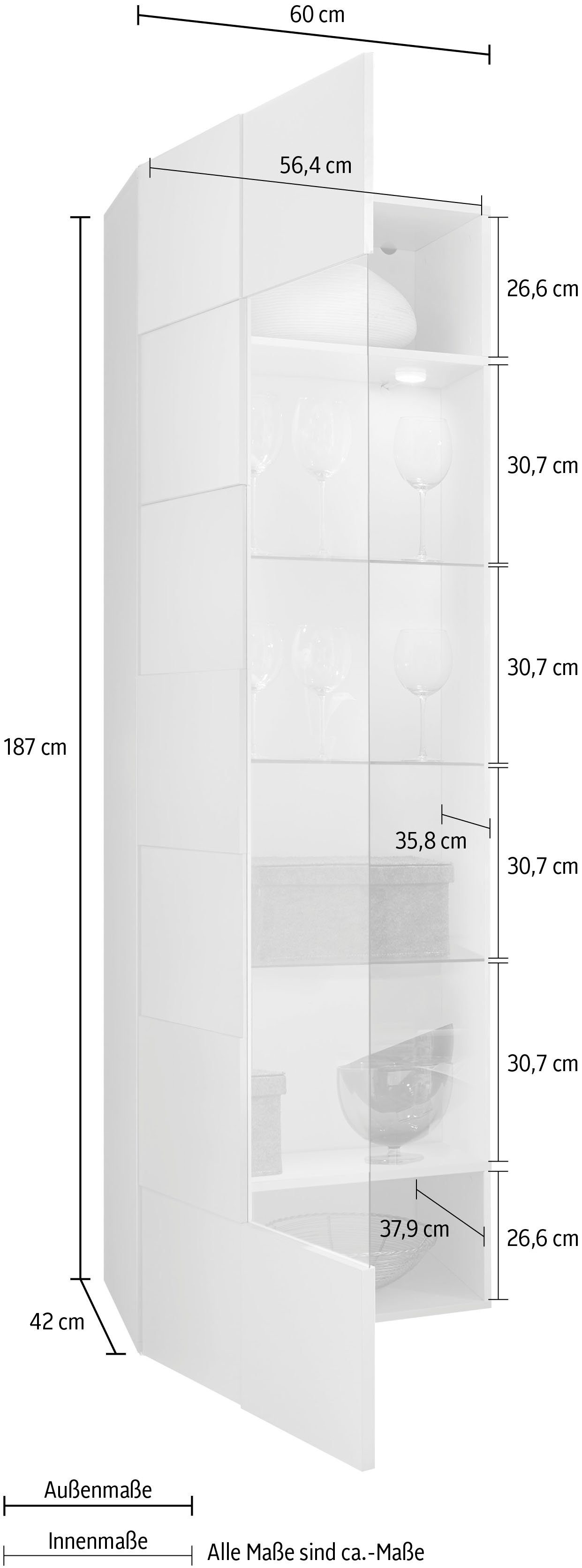 INOSIGN Vitrinekast Dama hoogte 187 cm, breedte 60 cm, opberg vitrine met 1 deur Staande vitrine - front in 3D-uiterlijk, veel opbergruimte, verschillende kleuren