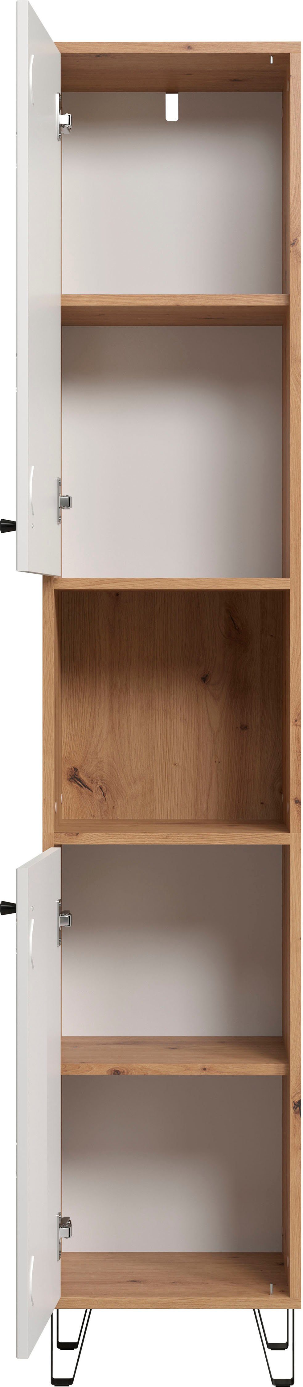 Places of Style Hoge kast Tarragona Breedte 36 cm, 2 deuren, retro metalen poten, mat, bruine hout-look / wit (1 stuk)