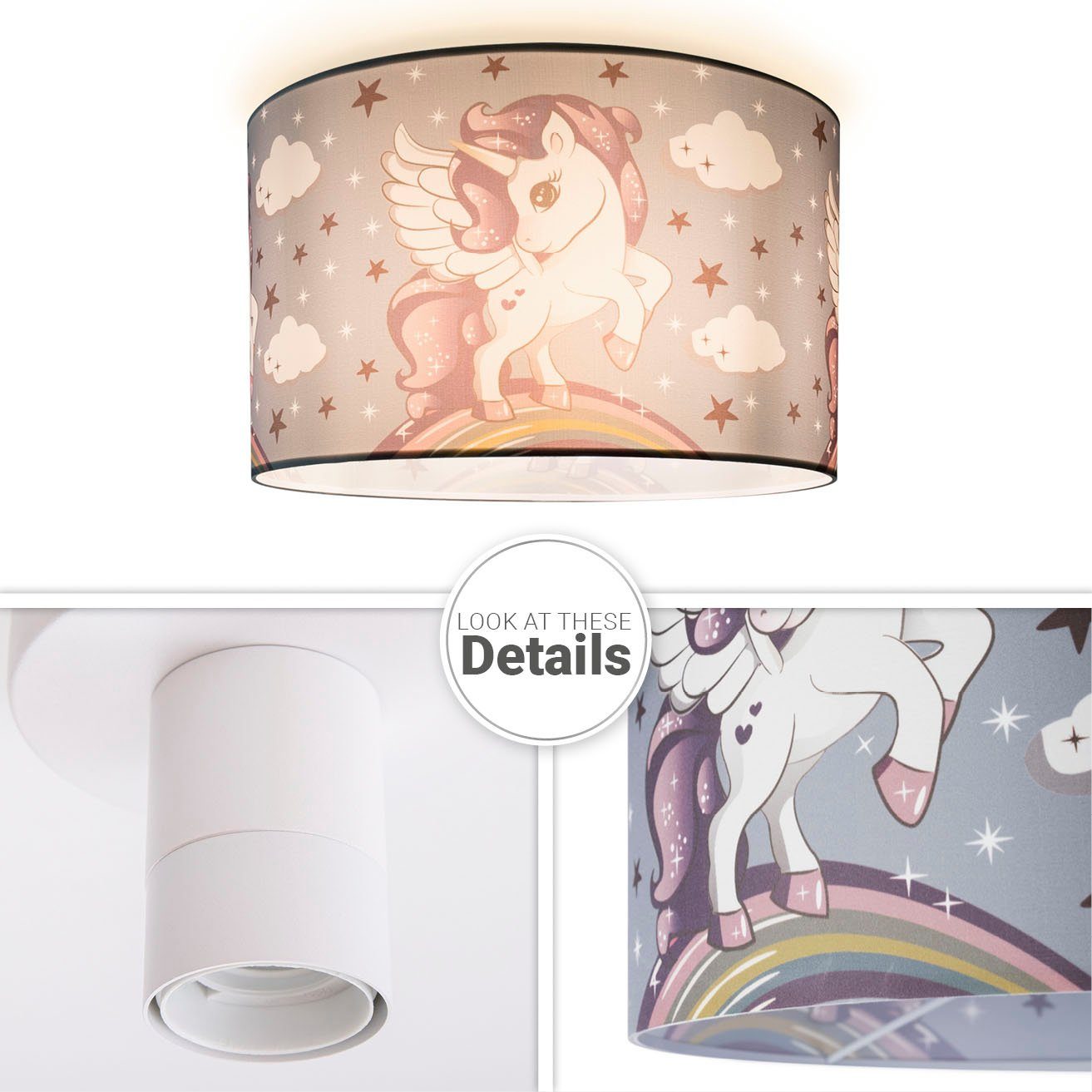 Paco Home Plafondlamp Hugo Cosmo 213 Kinderlamp LED kinderkamer lamp met eenhoorn, E27
