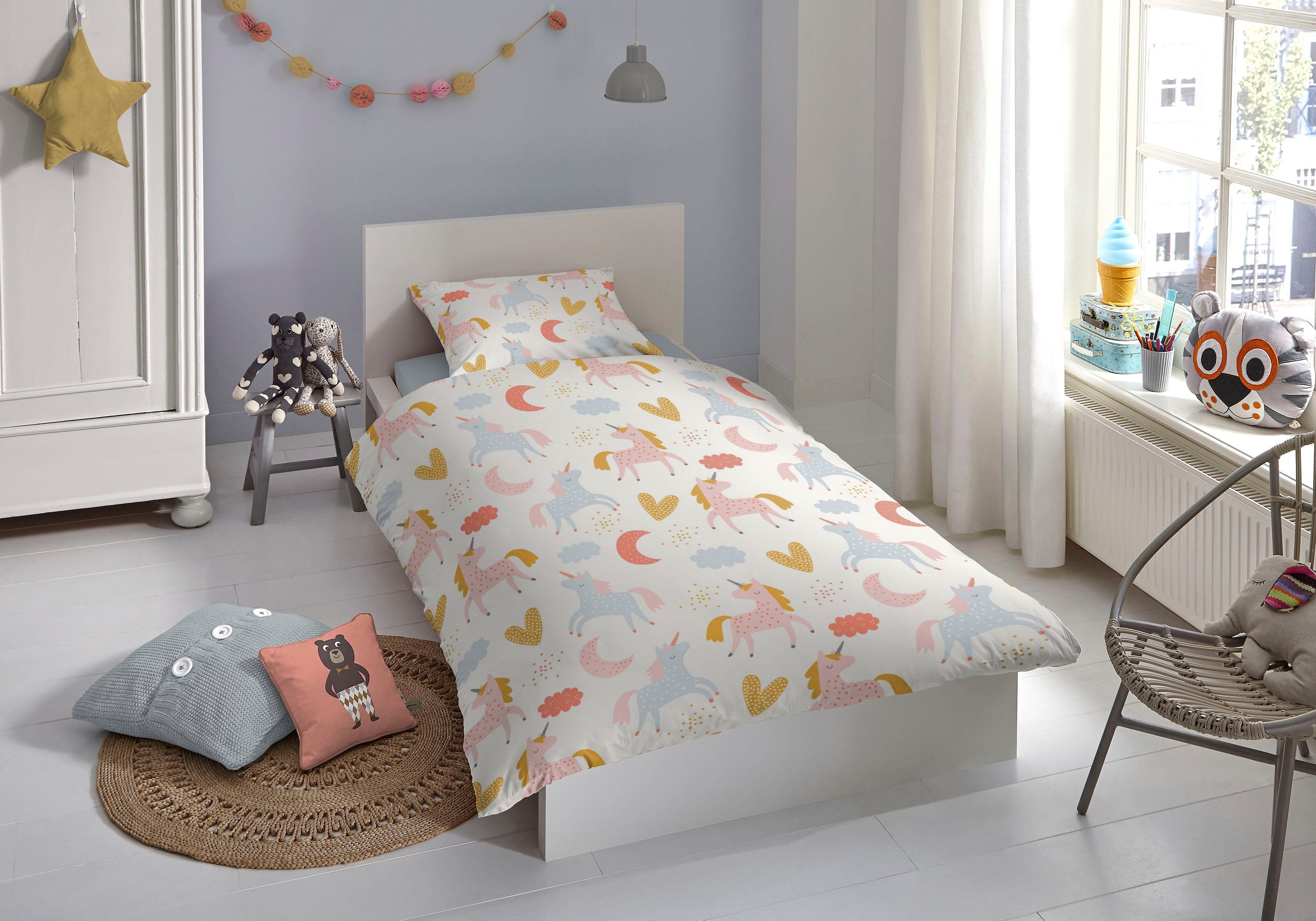good morning Baby-overtrekset Unilove Katoen, 100x135, Rits, Baby, Meisje, Eenhoorn, Hartjes (2-delig) dekbedovertrekken maat 1x 100x135 cm beige