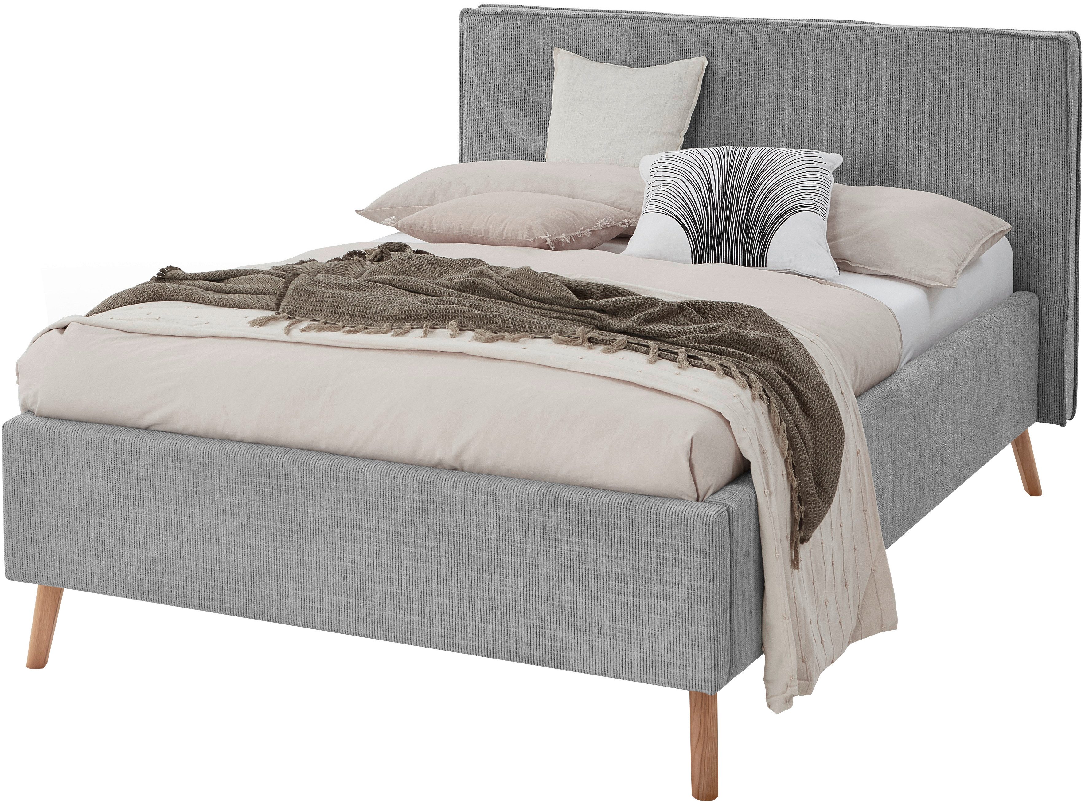 meise.möbel Gestoffeerd bed Riva met eikenkleurige houten poten, naar keuze met bedkist en lattenbodem