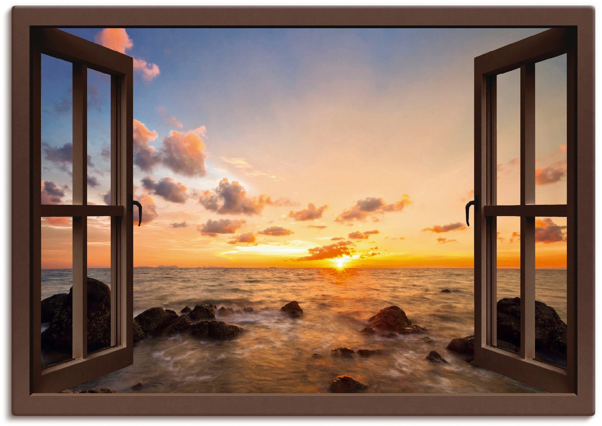 Artland Artprint Blik uit het venster zonsondergang aan zee in vele afmetingen & productsoorten - artprint van aluminium / artprint voor buiten, artprint op linnen, poster, muursti