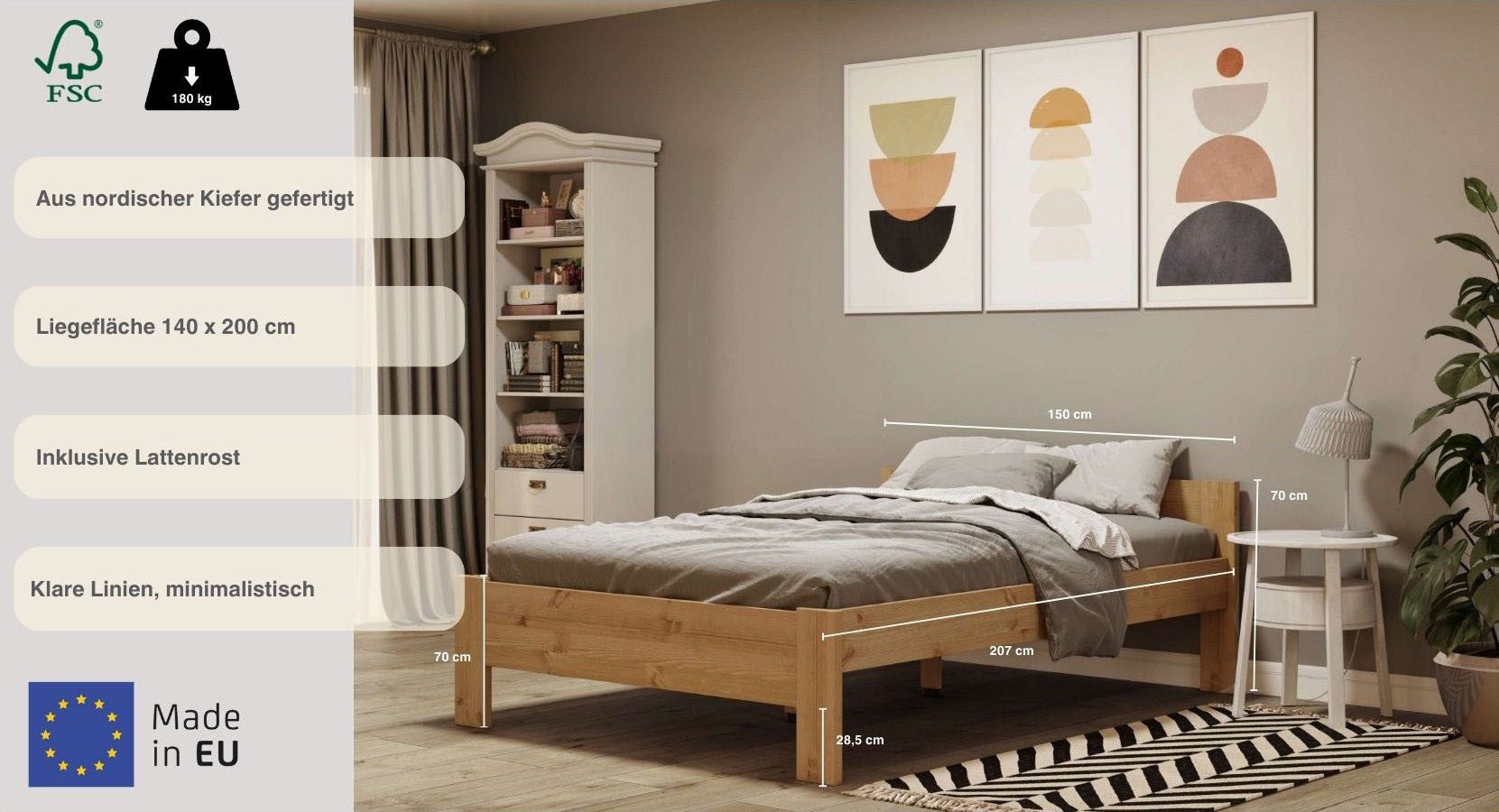 Home affaire Massief houten ledikant Hero, hoge belasting, FSC®-gecertificeerd grenen van massief grenen, inclusief lattenbodem, tijdloos ontwerp