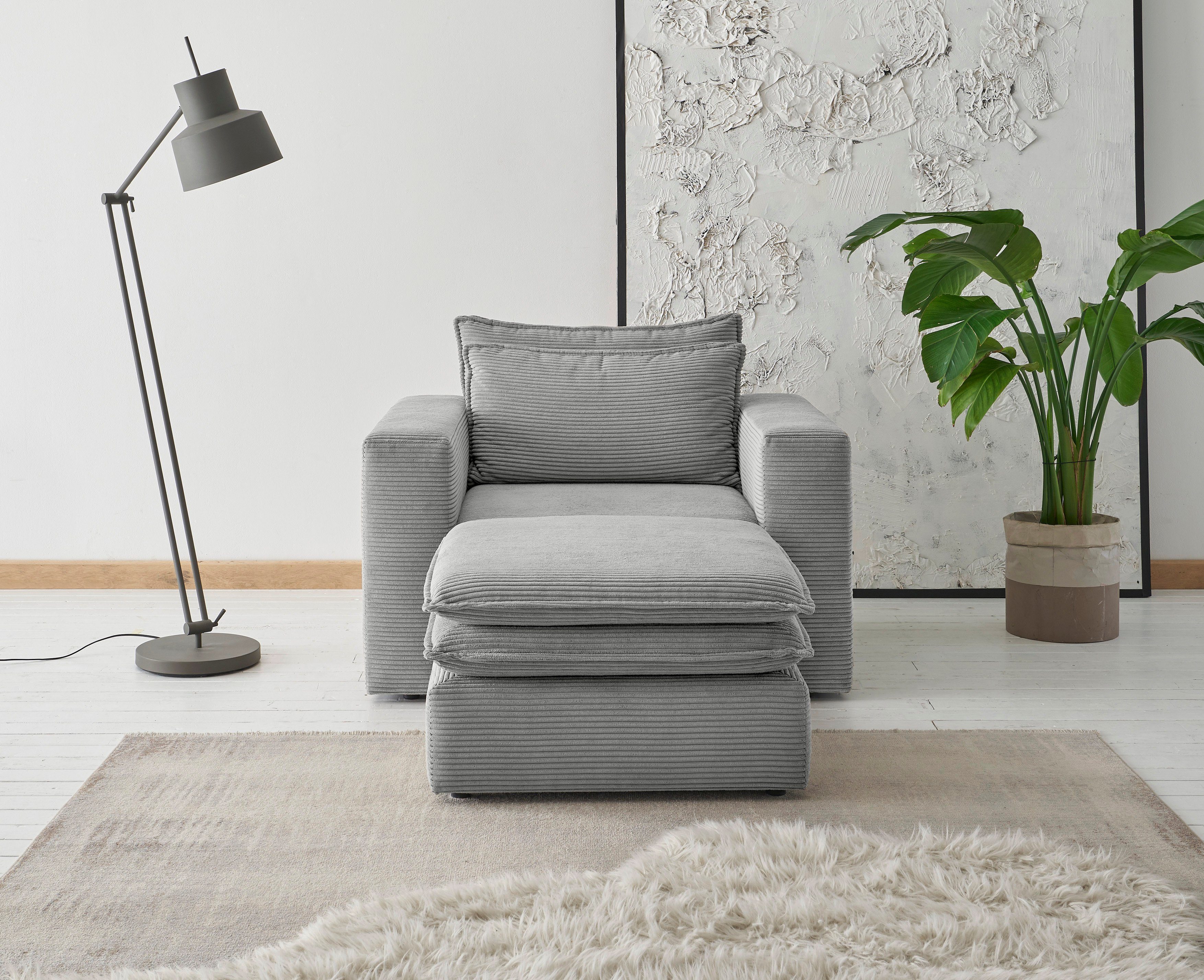 Places of Style Zithoek PIAGGE Hoogwaardige cord, fauteuil en hocker klein als set (2-delig) grijs, zithoeken