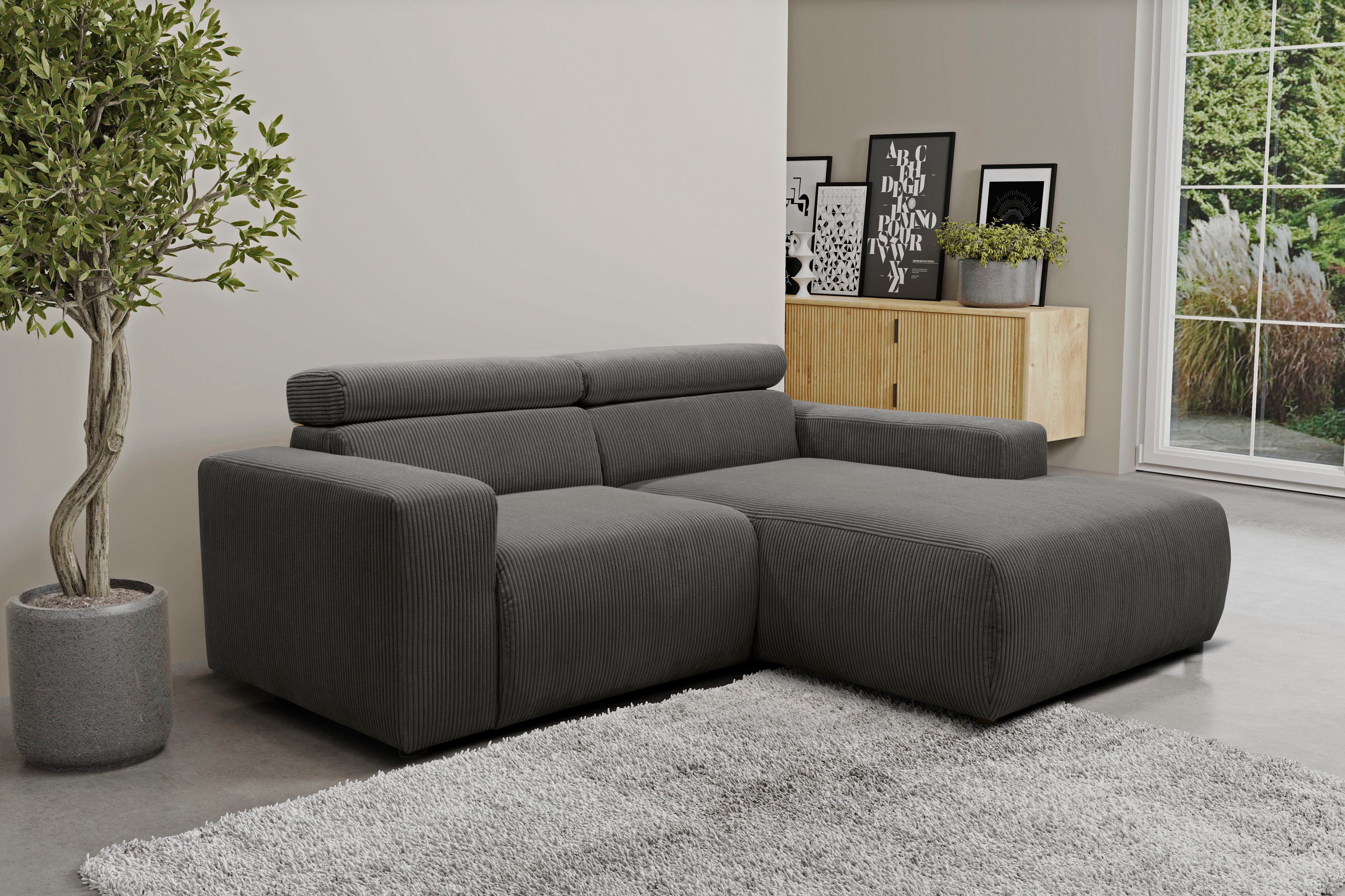 DOMO collection Hoekbank Brandon, inkl. Kopfteilverstellung, B/T/H: 214/100/80 cm, L-Form Met verstelbare hoofdsteun, ook in leer en cord, L-model