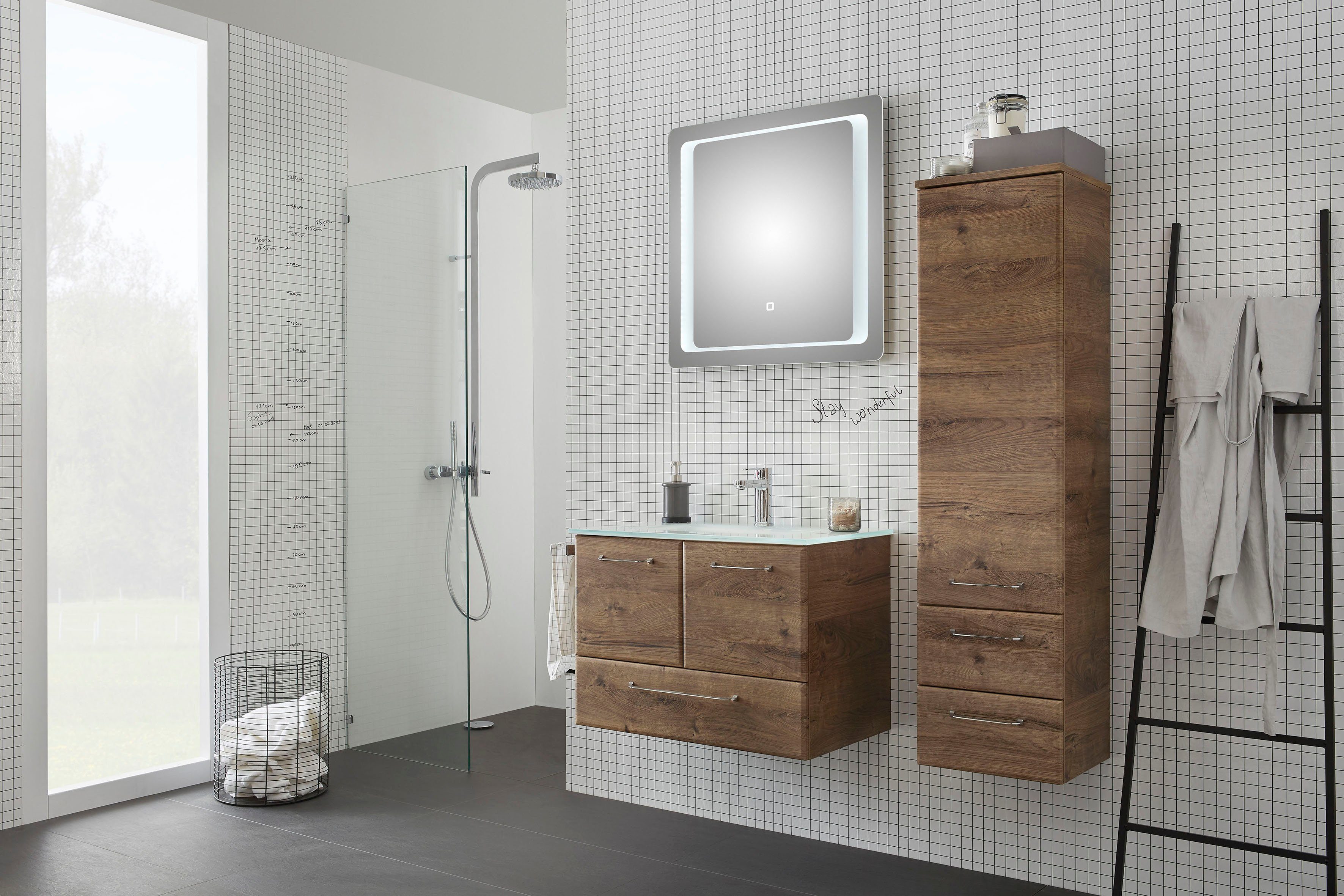 Saphir Halfhoge kast Quickset badkamermeubel 35 cm breed, 1 deur, 2 laden, 2 planken Badkamer-halfhoge kast inclusief deurdemper, grepen in glanzend chroom