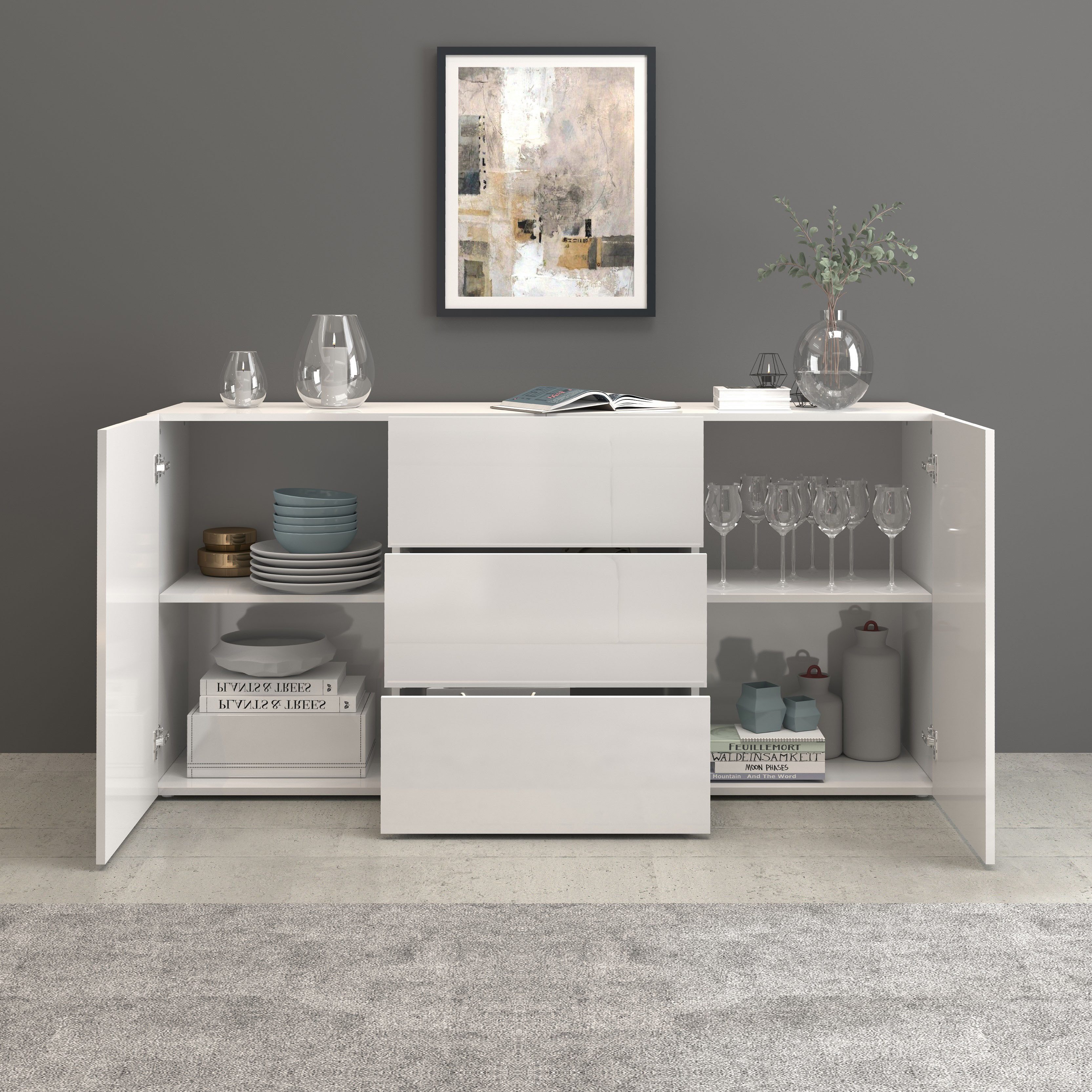 INOSIGN Dressoir Egypt, Ladekast, Kast, Buffet, greeploos 2 deuren, 3 lades, volledig hoogglans gelakt breedte 160