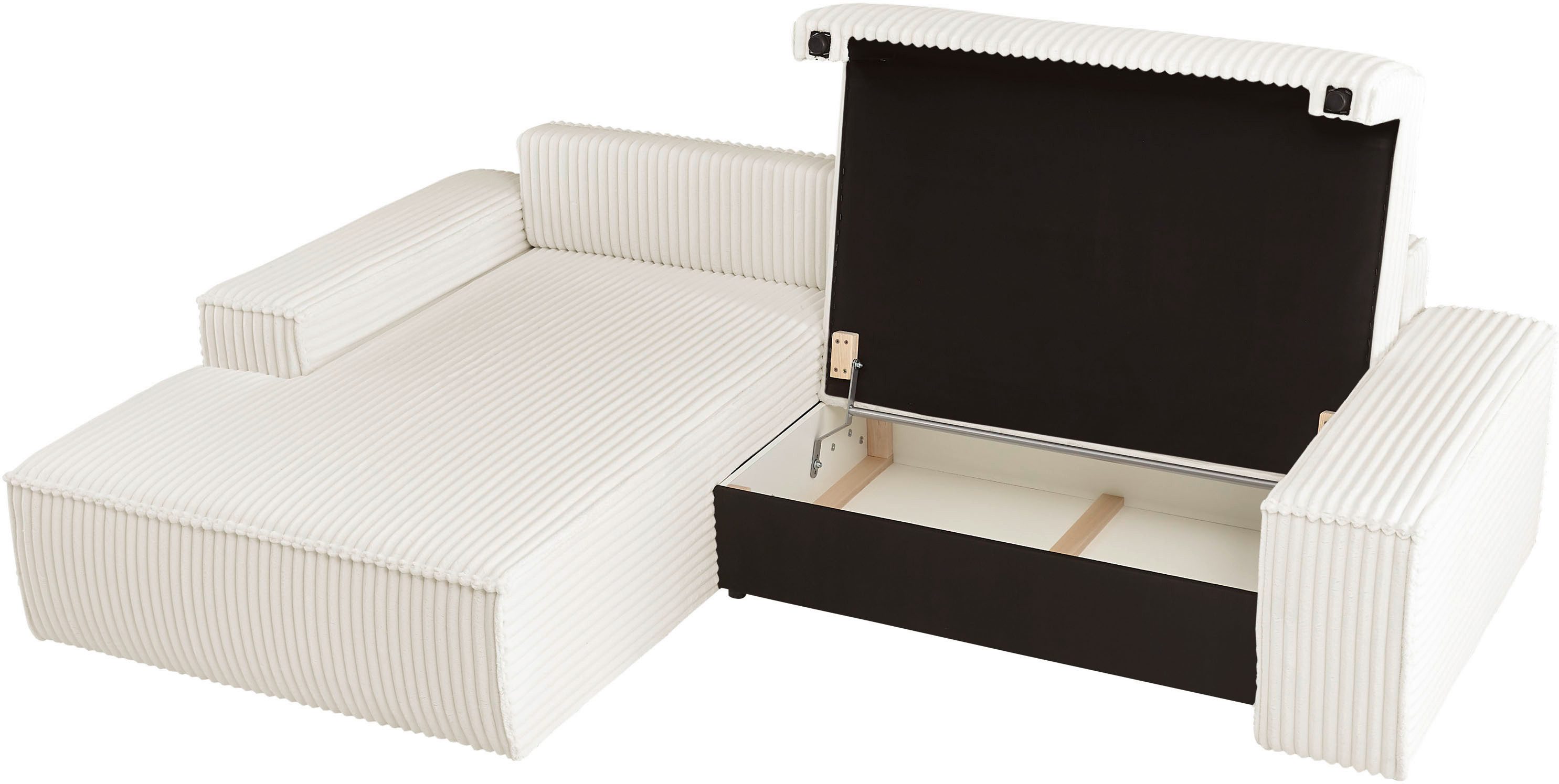 andas Hoekbank FINNLEY Slaapbank 267 cm, L-vorm met Slaapfunctie & Bedlade beschikbaar in de stofkwaliteiten bouclé, structuur fijn en mega cord