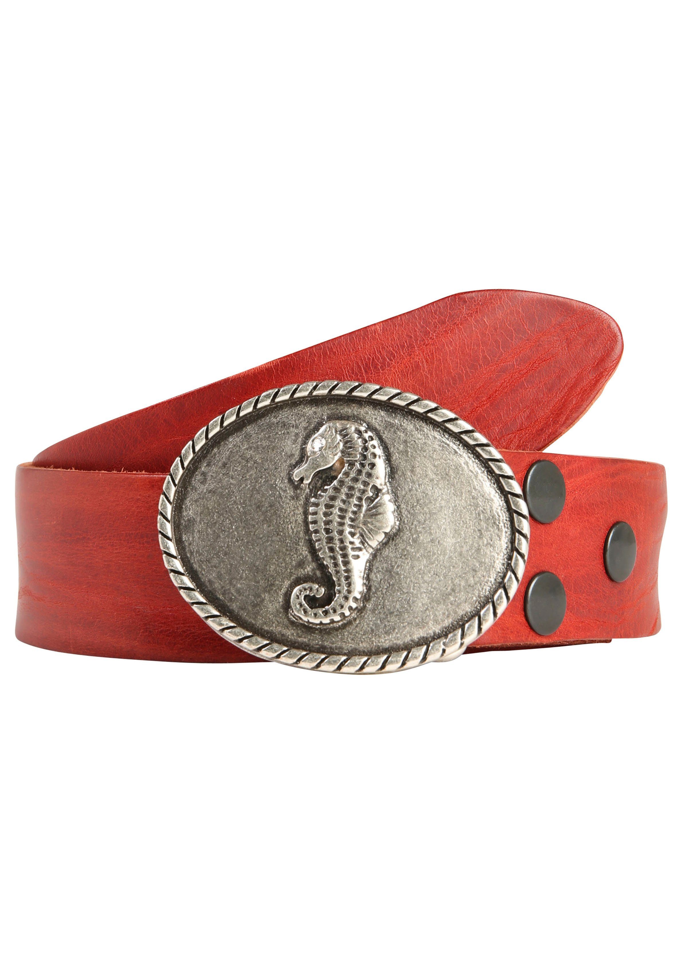 RETTUNGSRING by showroom 019° Leren riem Sluiting "Zeepaard ovaal zilver met Swarovski-kristal veredeld" dames brede riemen maat 80 rood