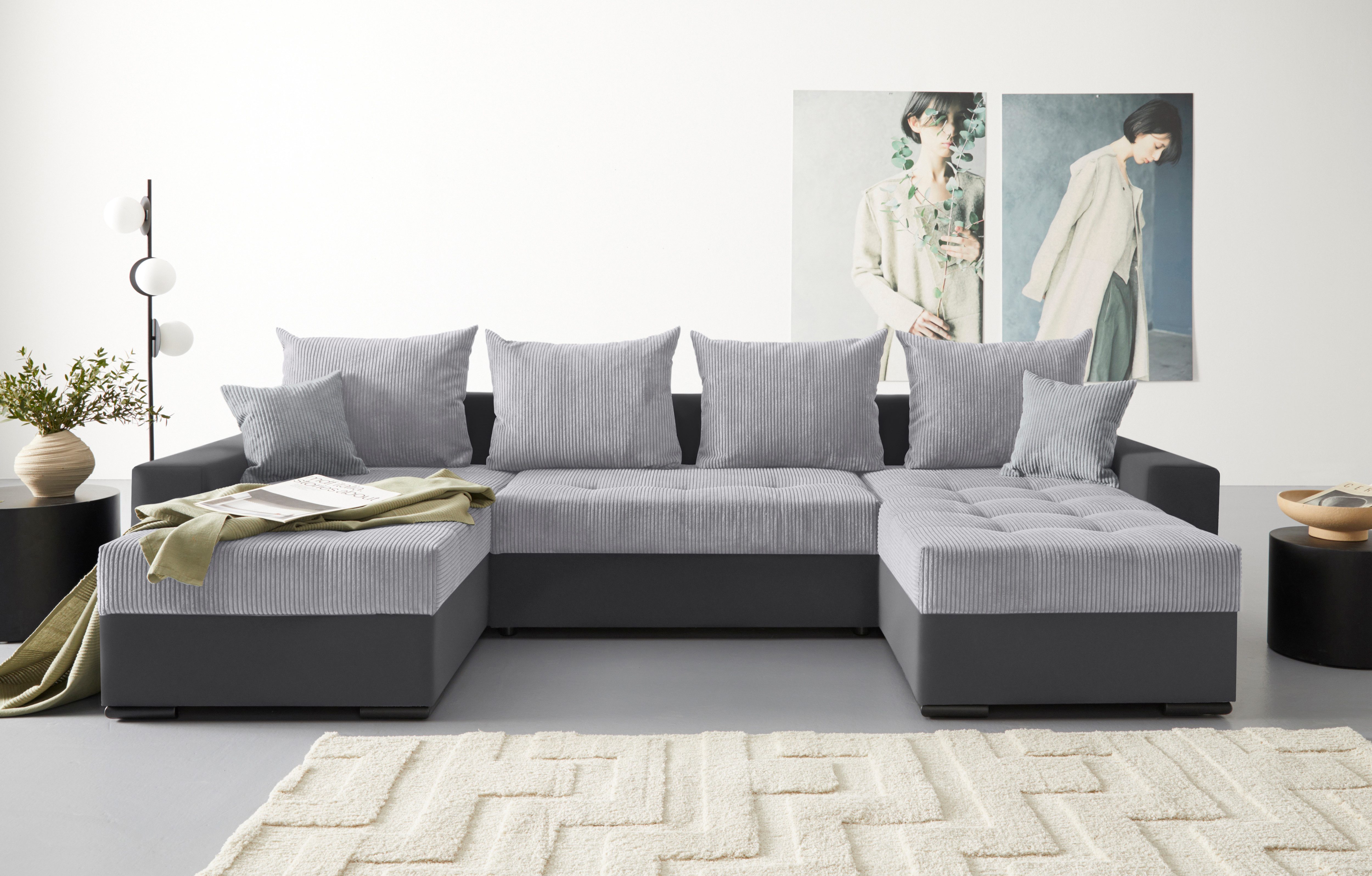 COLLECTION AB Zithoek XL-Josy U-vorm, breedte 313 cm, cord-/mix incl. bedfunctie, bedlade, met 4 gelijk grote rugkussens