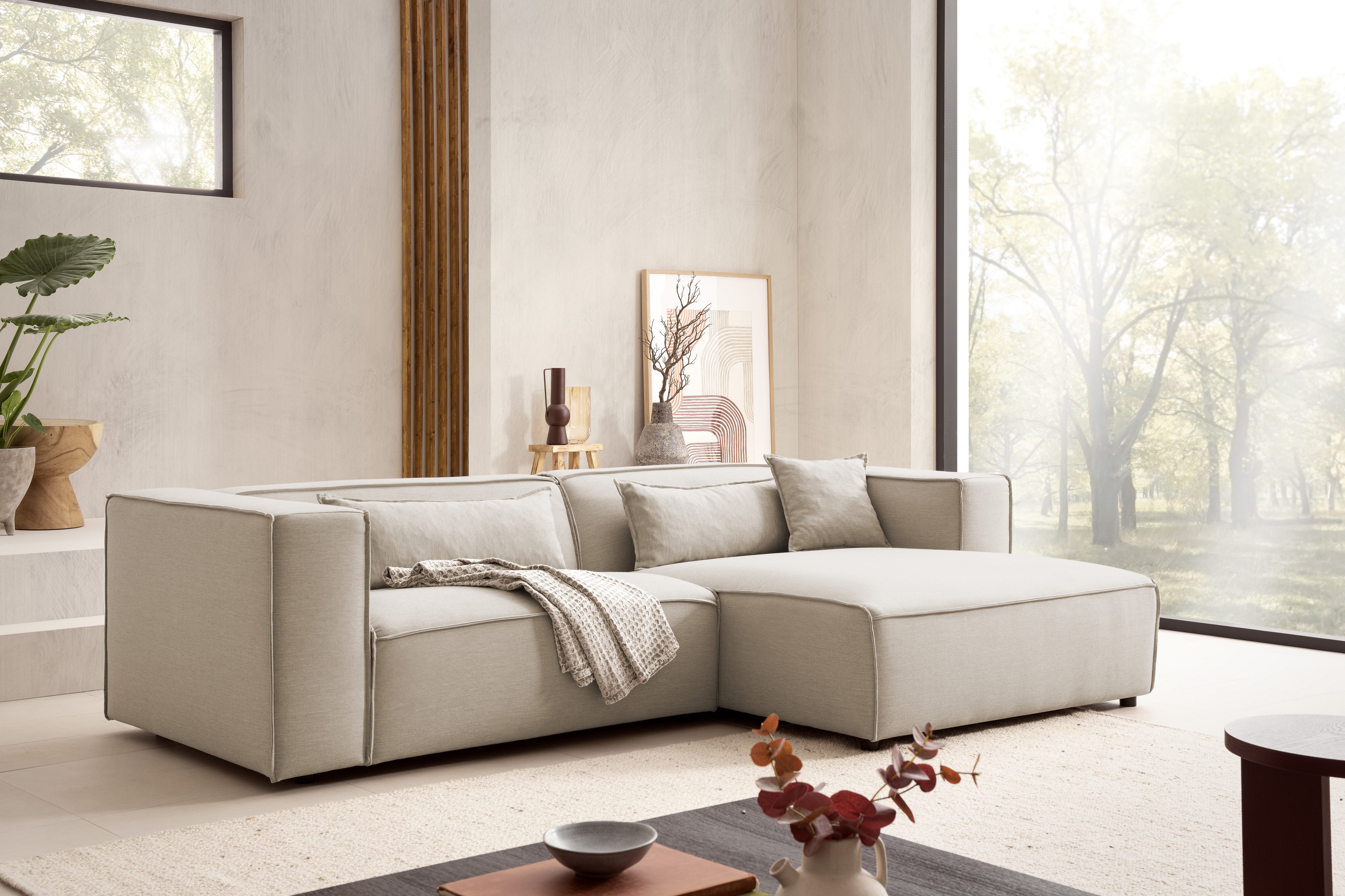 LeGer Home by Lena Gercke Hoekbank PIARA met biesnaad in cord of linnenlook, moderne bank in L-vorm keuze ottomaan rechts/links, zwarte voeten, comfortabel zitcomfort