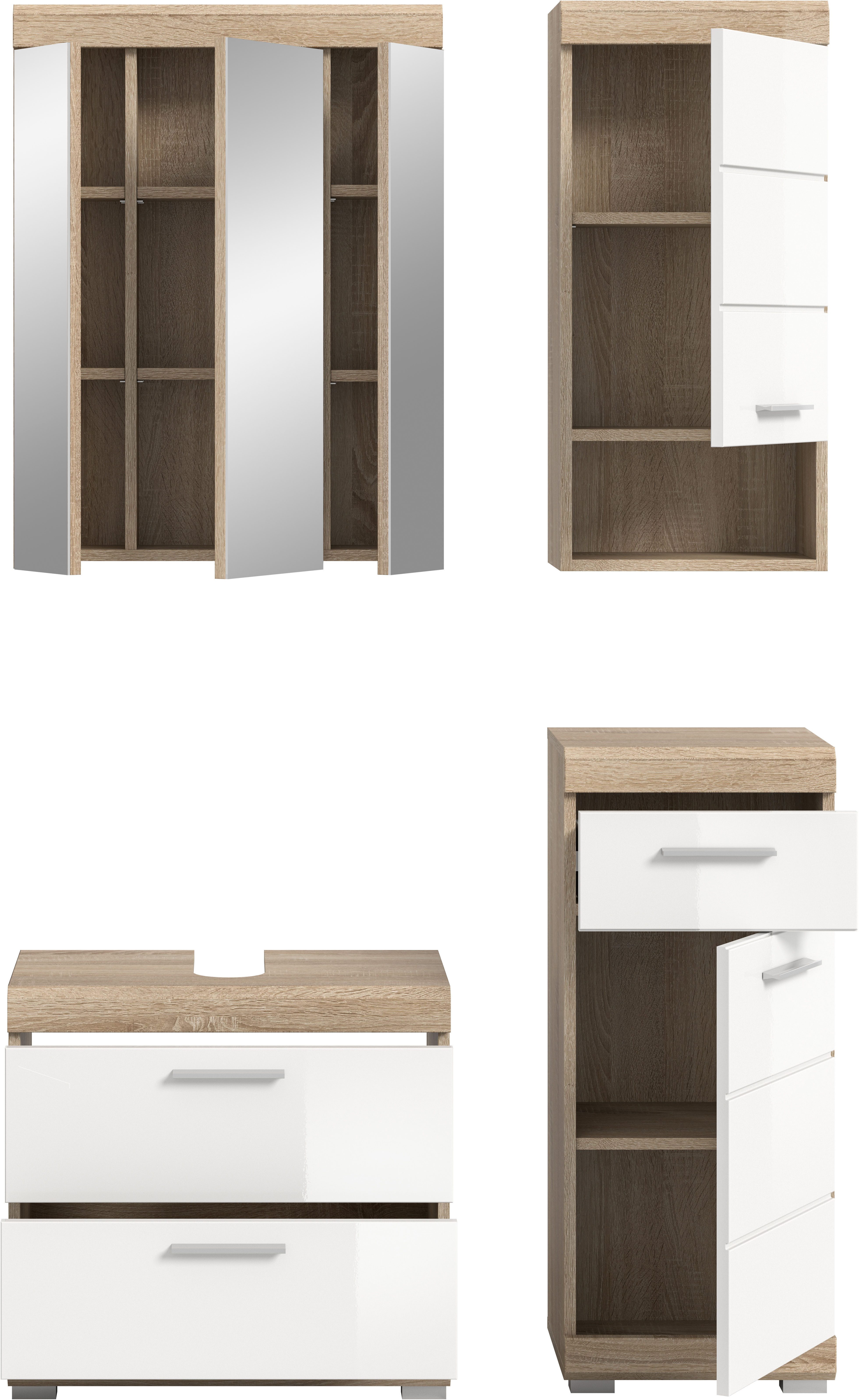 INOSIGN Badkamerserie Siena, 4-delig, bestaande uit: Wastafelonderkast, Spiegelkast, Onderkast, Hankast (set, 4-delig)