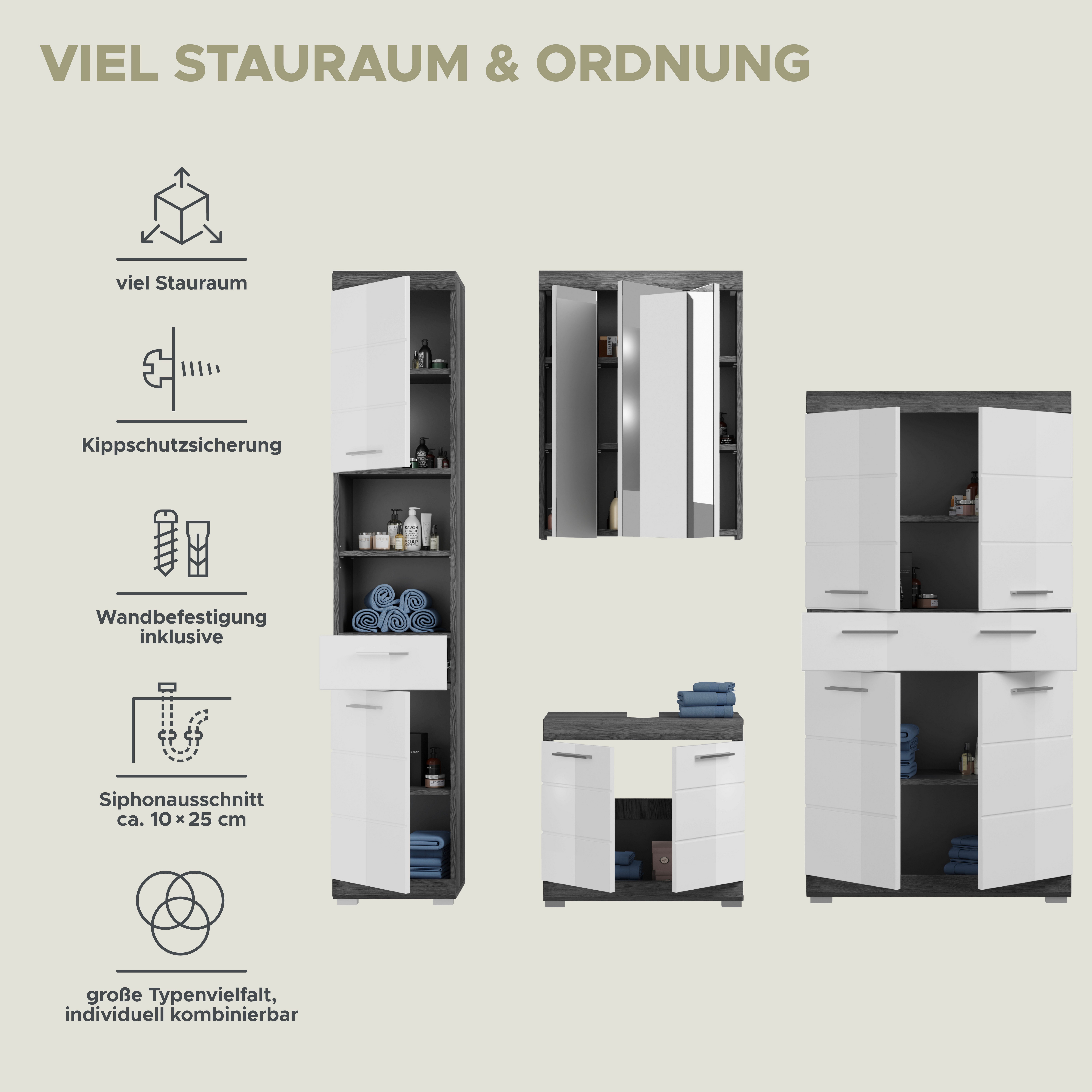 INOSIGN Badkamerserie Siena, 4-delig, bestaande uit: Hoge kast, wastafelonderkast, spiegelkast, middenkast (set, 4-delig)