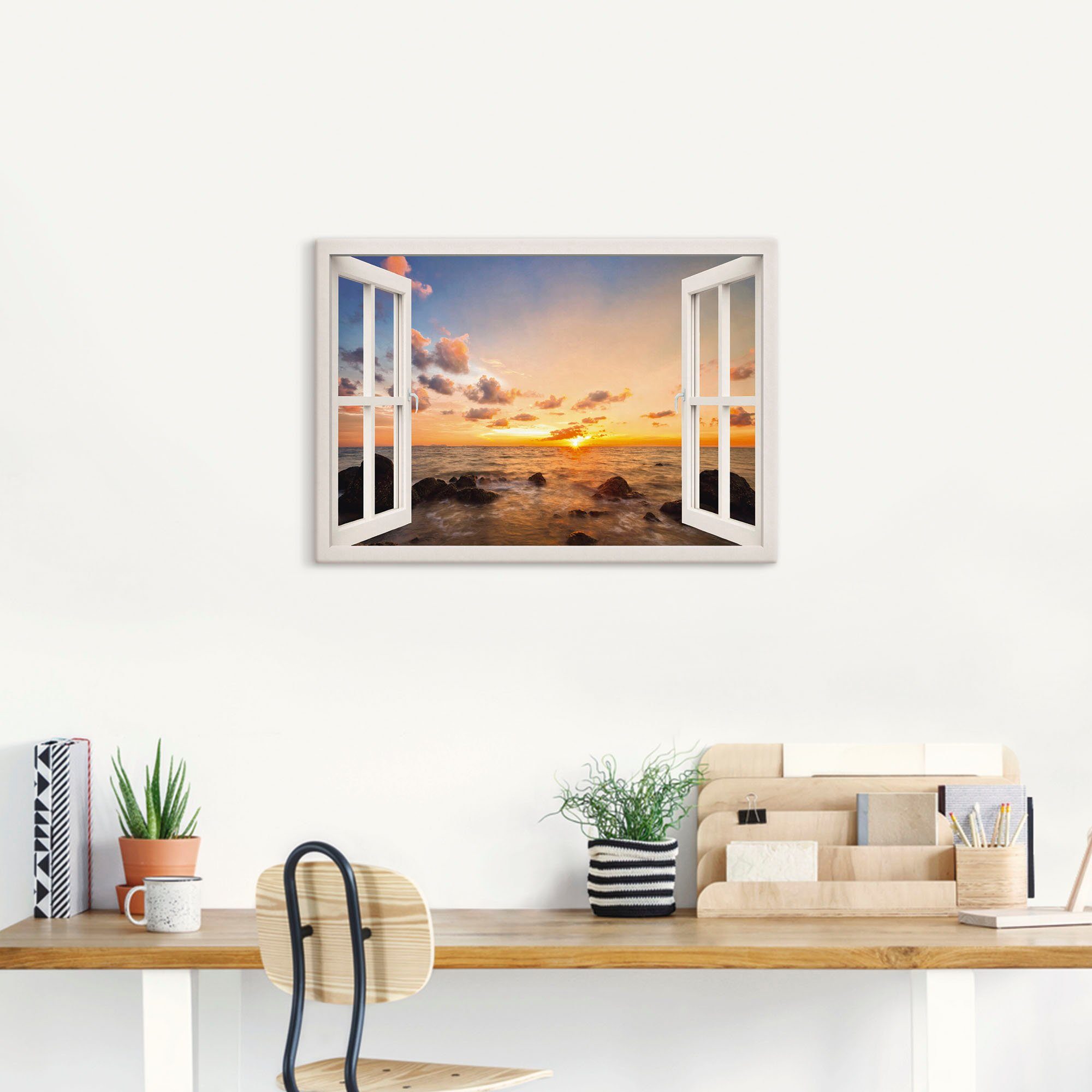 Artland Artprint Blik uit het venster zonsondergang aan zee als artprint van aluminium, artprint op linnen, muursticker, verschillende maten