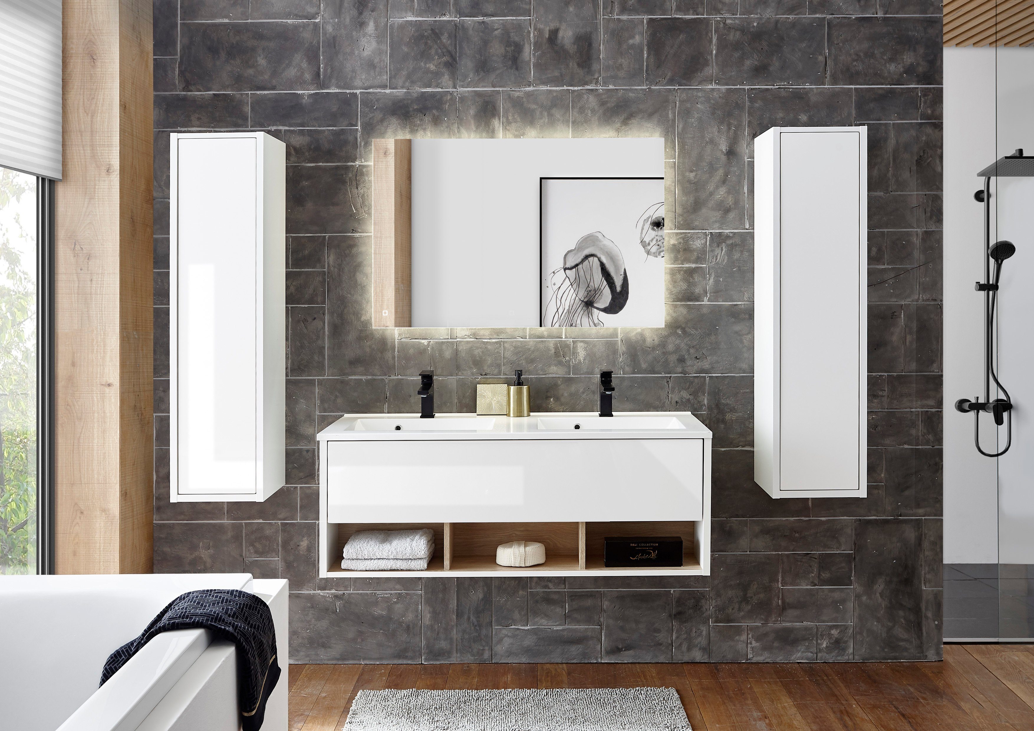 Places of Style Badkamerserie Studio Line, bad in modern ontwerp, 4-delig badkamer Kast, wastafel en spiegel, in twee kleuren beschikbaar, opbergruimte (4-delig)