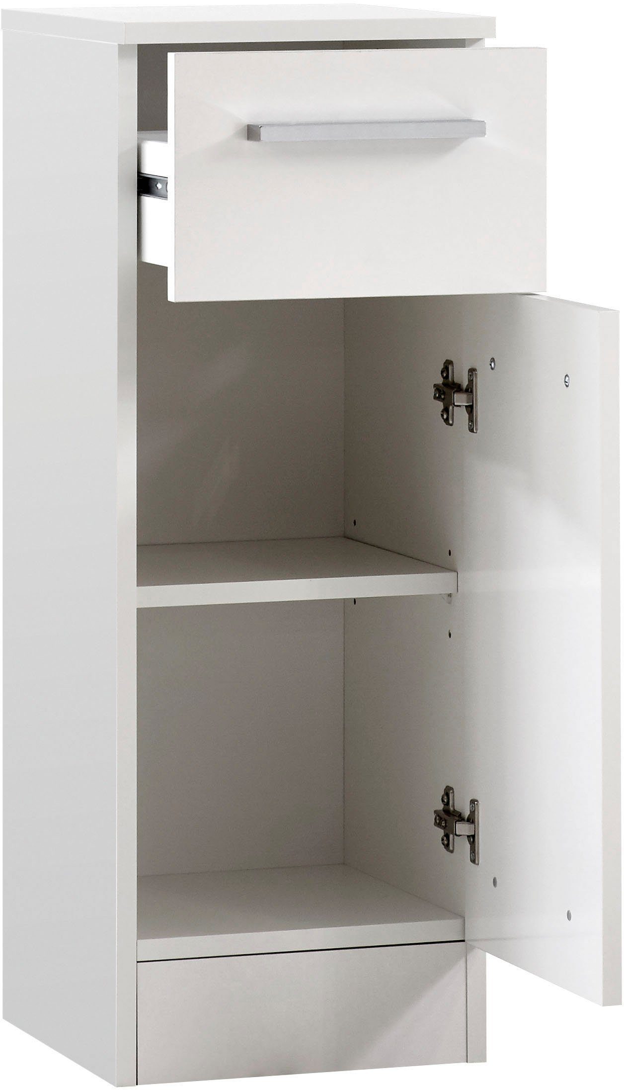Saphir Onderkast Quickset 335 Badkamermeubel, 1 deur, 1 lade, 30 cm breed Badkamer-onderkast, glanzend wit, grepen in glanzend chroom