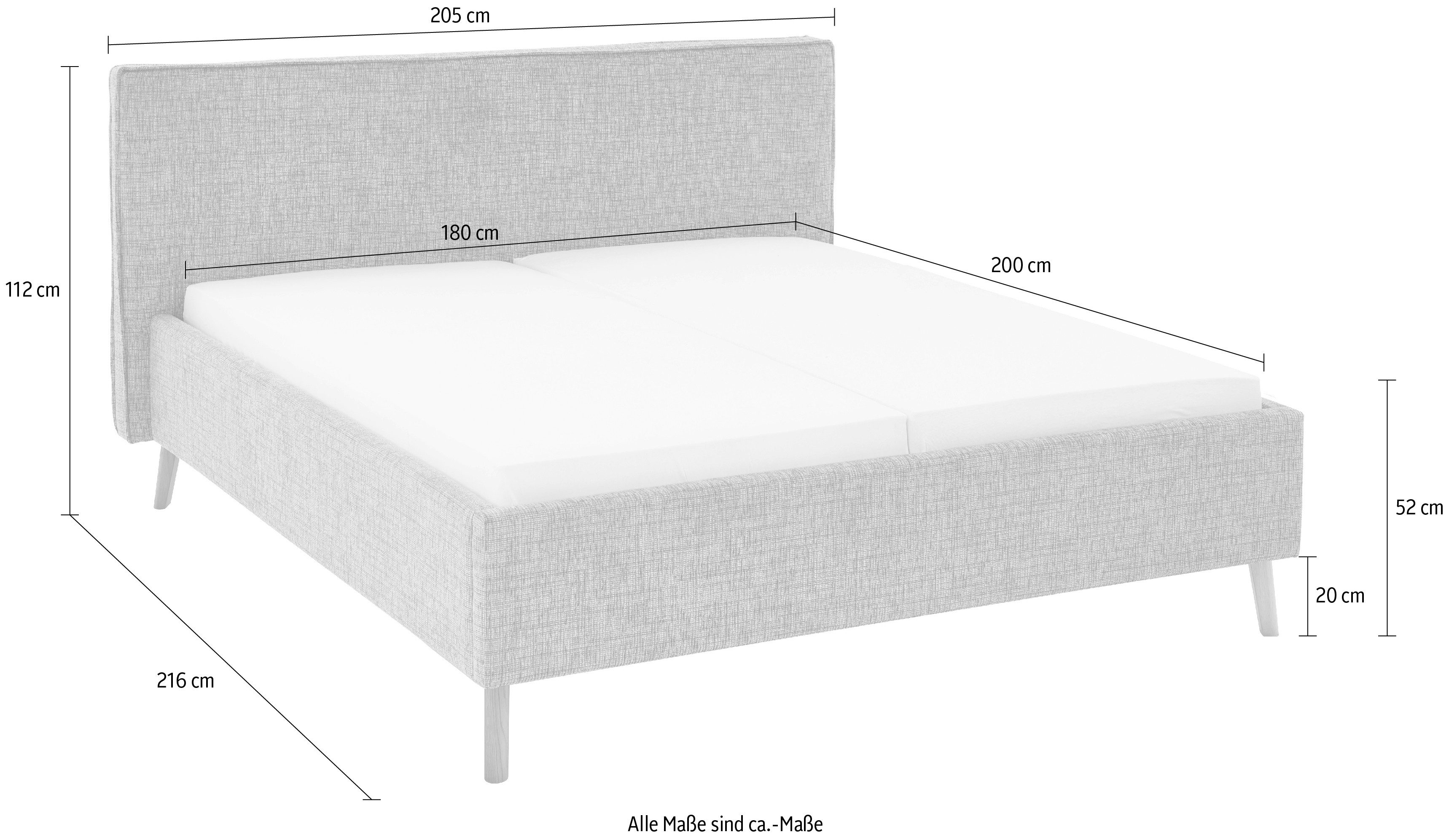 meise.möbel Gestoffeerd bed Riva met eikenkleurige houten poten, naar keuze met bedkist en lattenbodem
