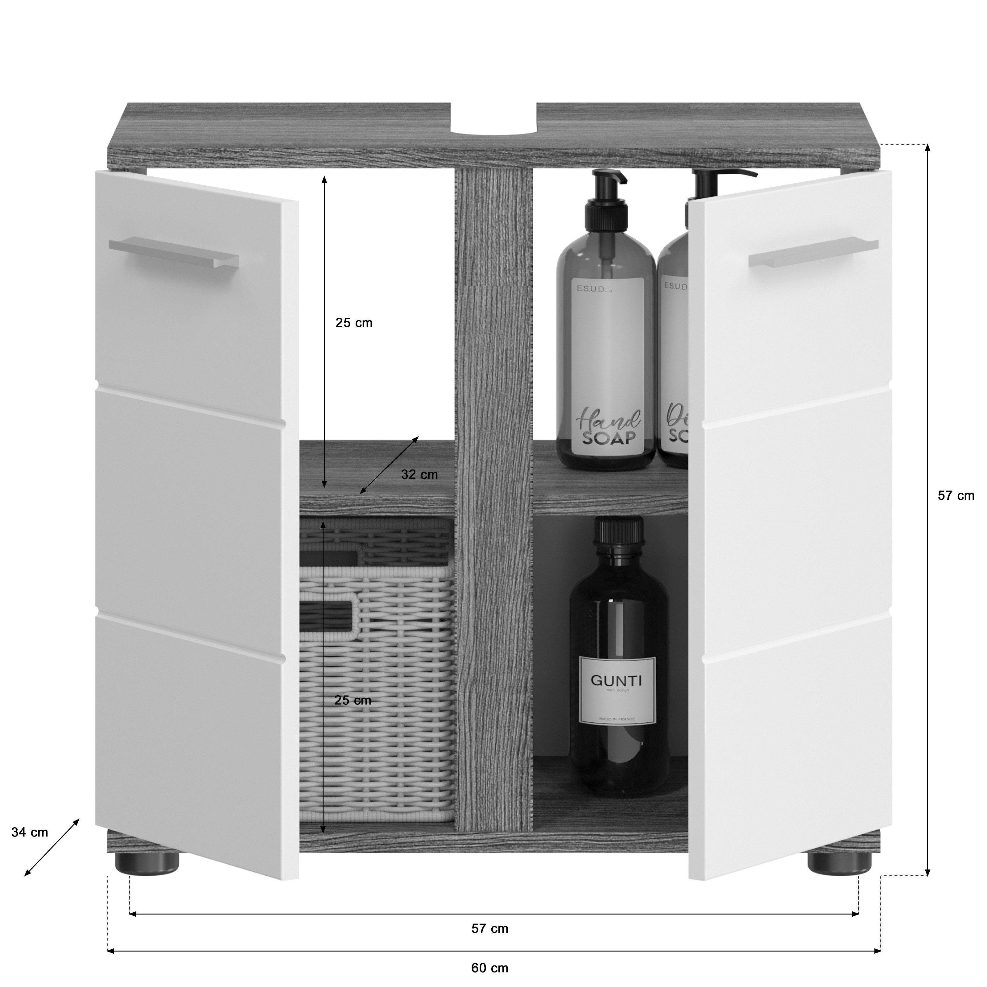 welltime Wastafelonderkast LUCCA, TOPSELLER!, Breedte 60 cm, 2 deuren, 2 vakken, met sifonaansluiting