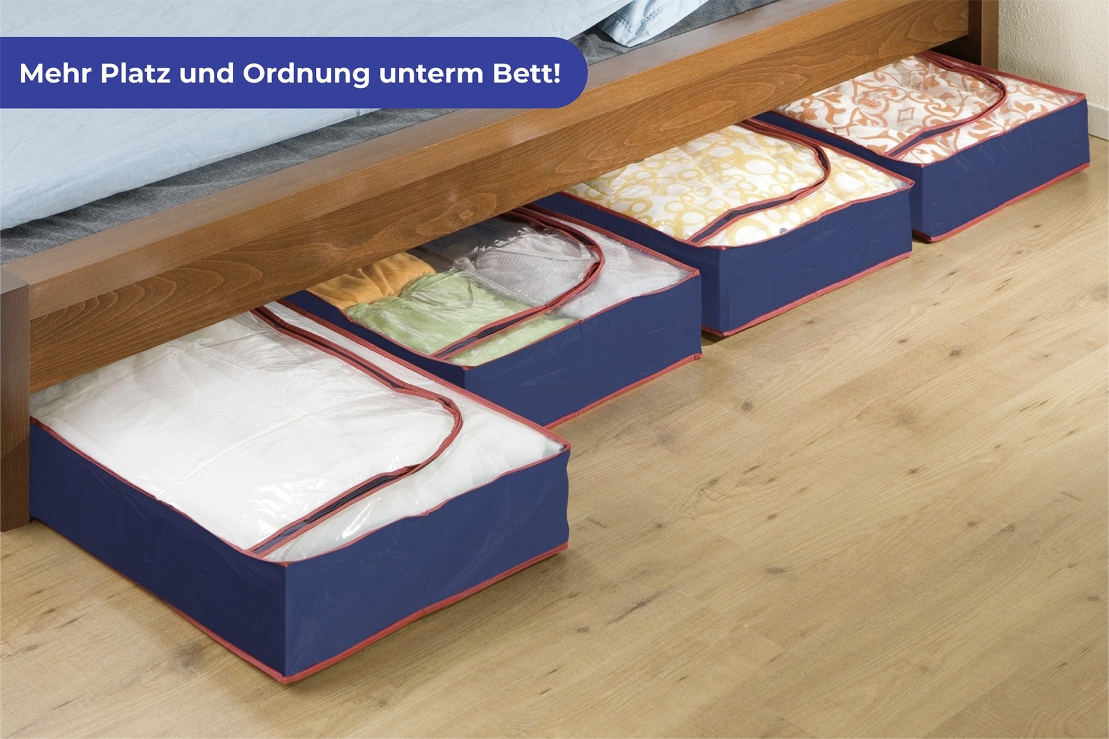 Maximex Onderbedlade Blauw/rood Opbergdoos voor kleding, ruimtebesparend, bescherming tegen stof & motten (set, 4 stuks)