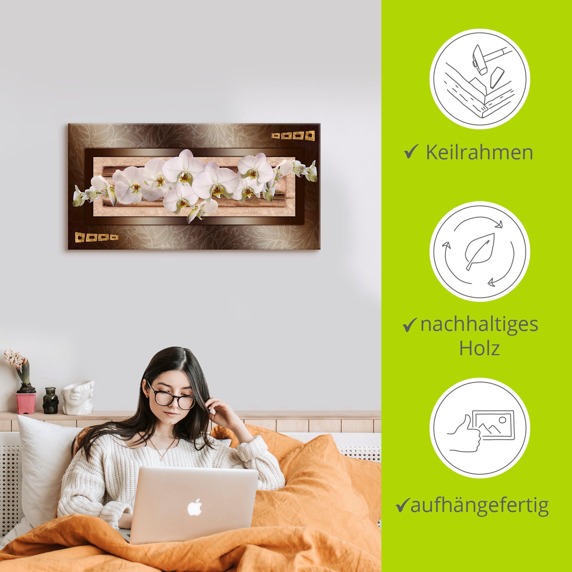 Artland Artprint op linnen Witte orchideeën met goudkleurige vierkanten