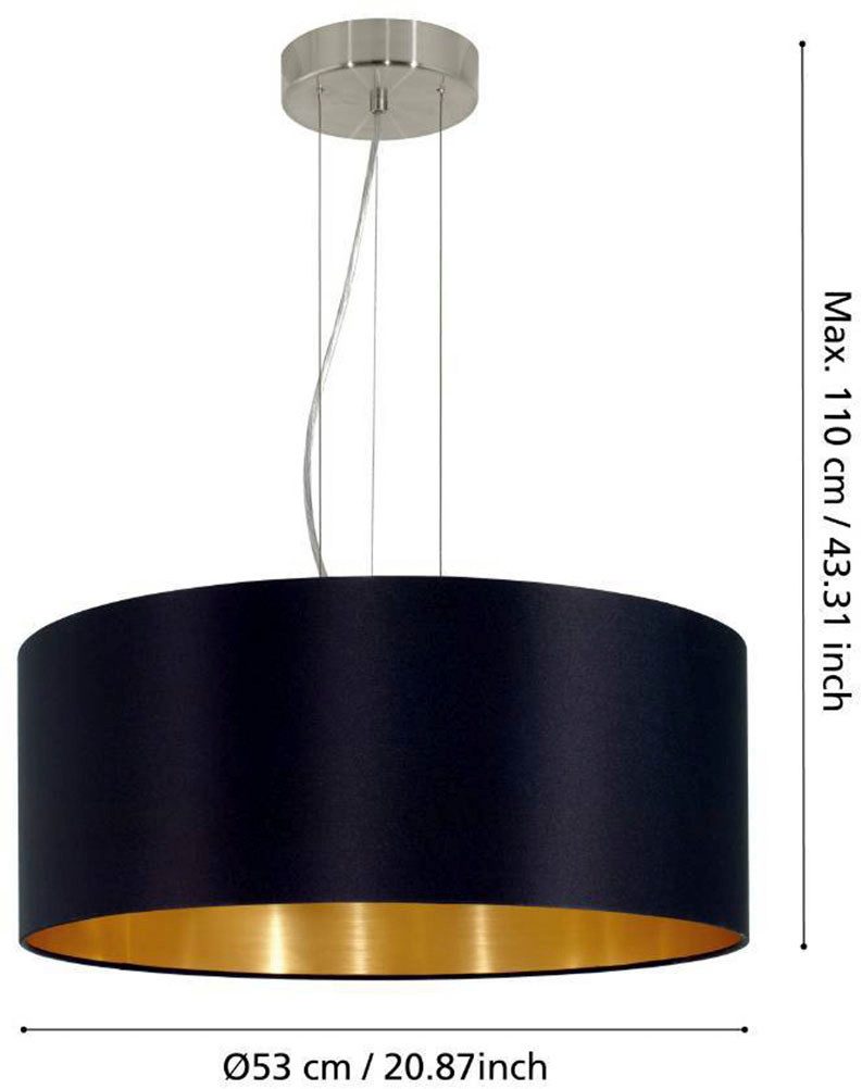 EGLO Hanglamp MASERLO hanglamp, zwart, goud, zilver, stof, elegant, modern Textiel hanglamp zwart/goudkleur, van staal en stof, E27, Ø53 cm