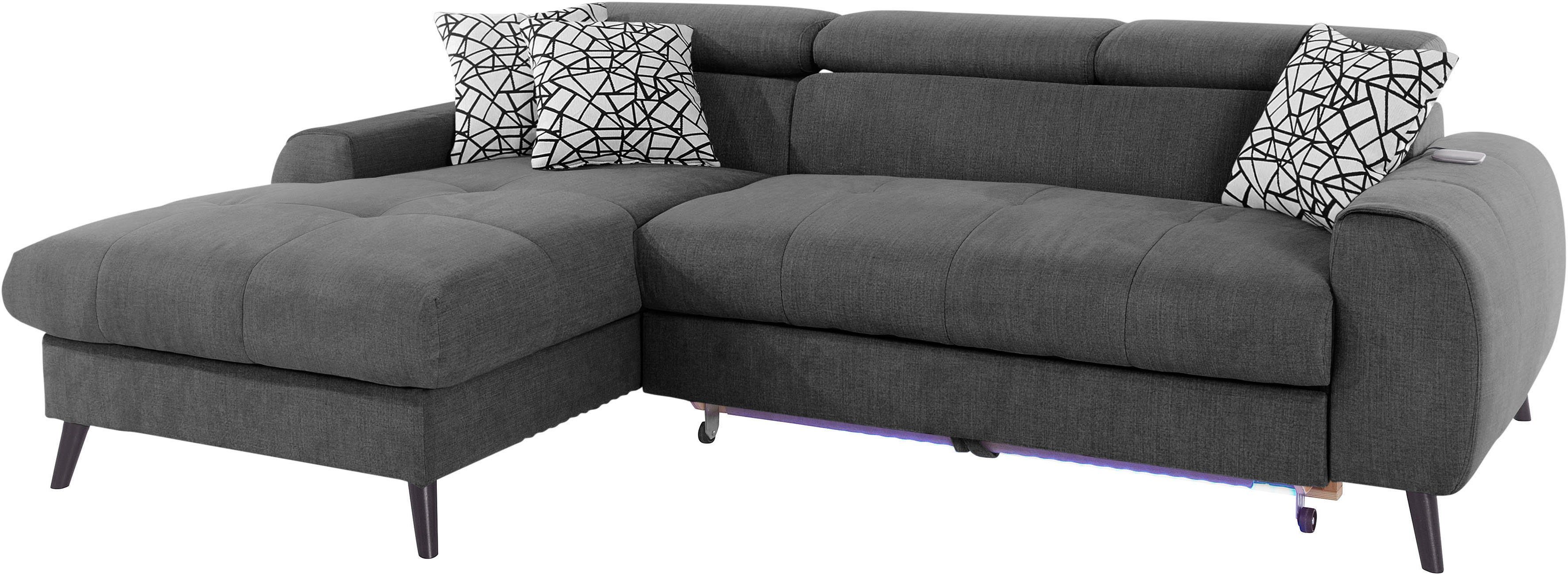COTTA Hoekbank Mia L-vorm met 3 sierkussens keuze met bedfunctie, bedlade, verlichting & draadloze oplader