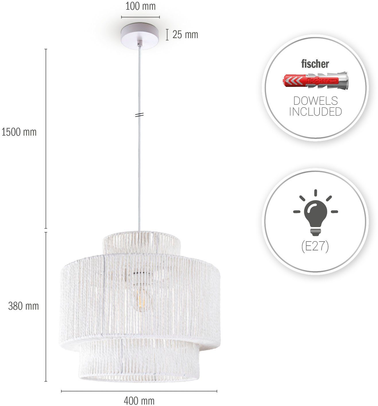 Paco Home Hanglamp Hugo Lupita Woonkamer eetkamer rattan look Boho lampenkap papier