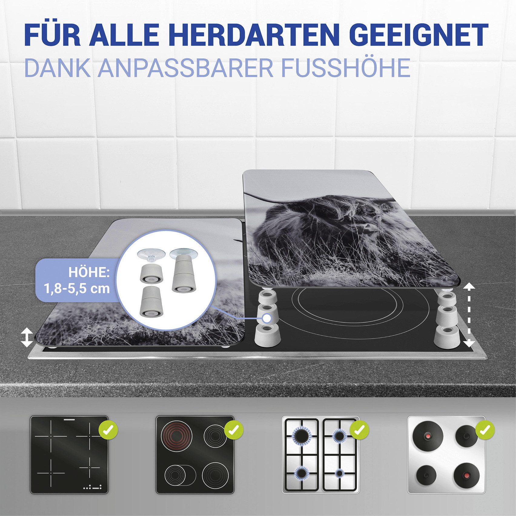 WENKO Kookplaatdeksel Universal Model Highland Cattle Kookplaatafdekking voor alle soorten kookplaten, krasvast, met antislipvoetjes (set, 2-delig)