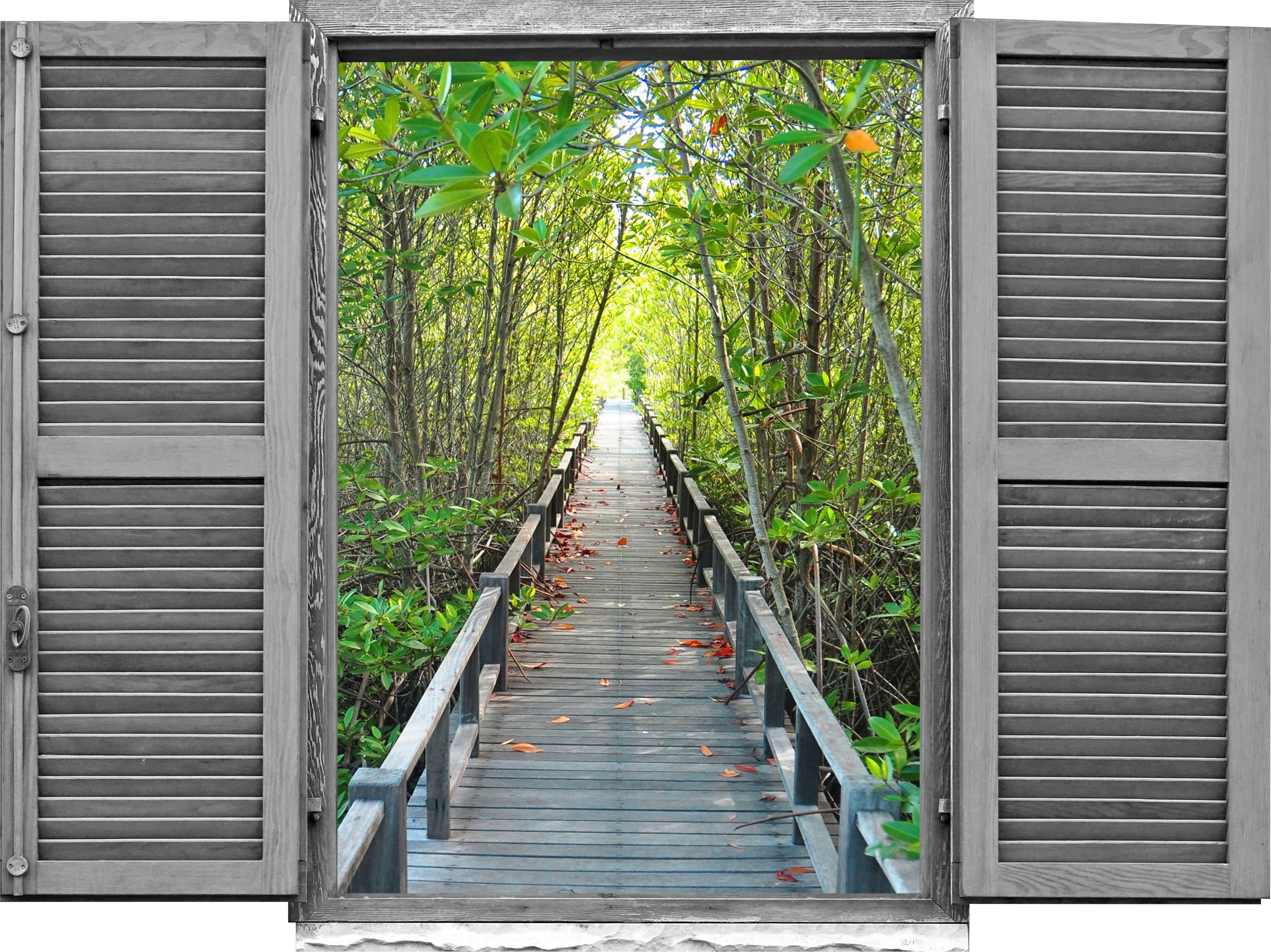 queence Wandfolie Brug in het bos Muursticker, muurdecoratie, zelfklevend, 3D, raam (1 stuk) wandstickers groen