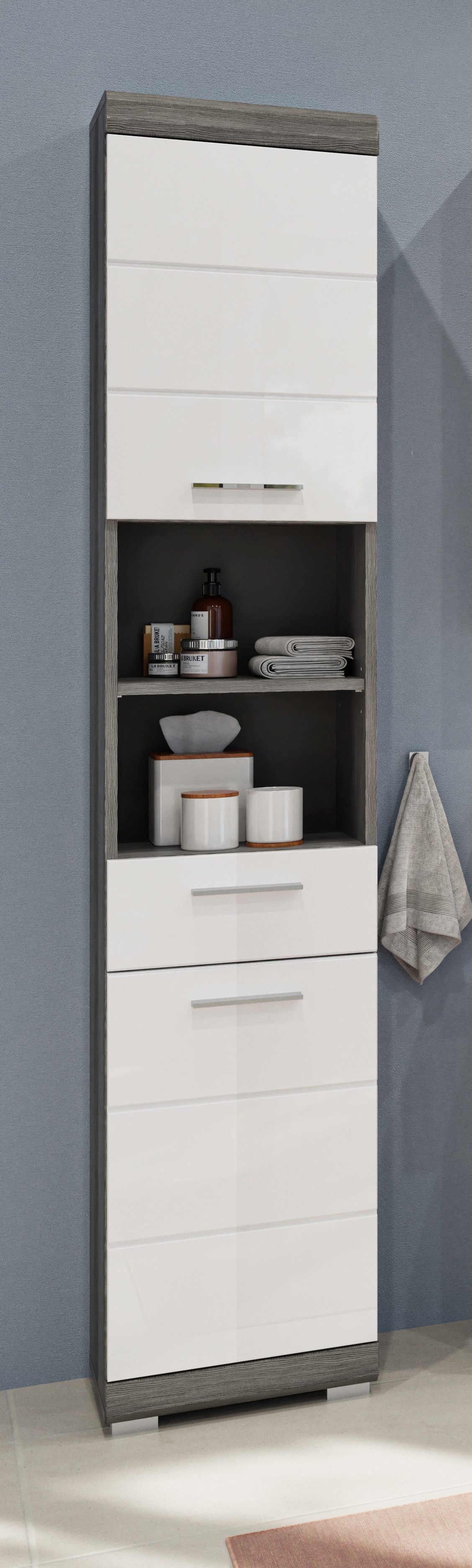 INOSIGN Hoge kast Siena, breedte 37 cm, 2 deuren, 1 lade, 2 open vakken, MDF-front in verschillende kleuren verkrijgbaar, badkamermeubels, badkamerkast, kast, badkamer (1 stuk)