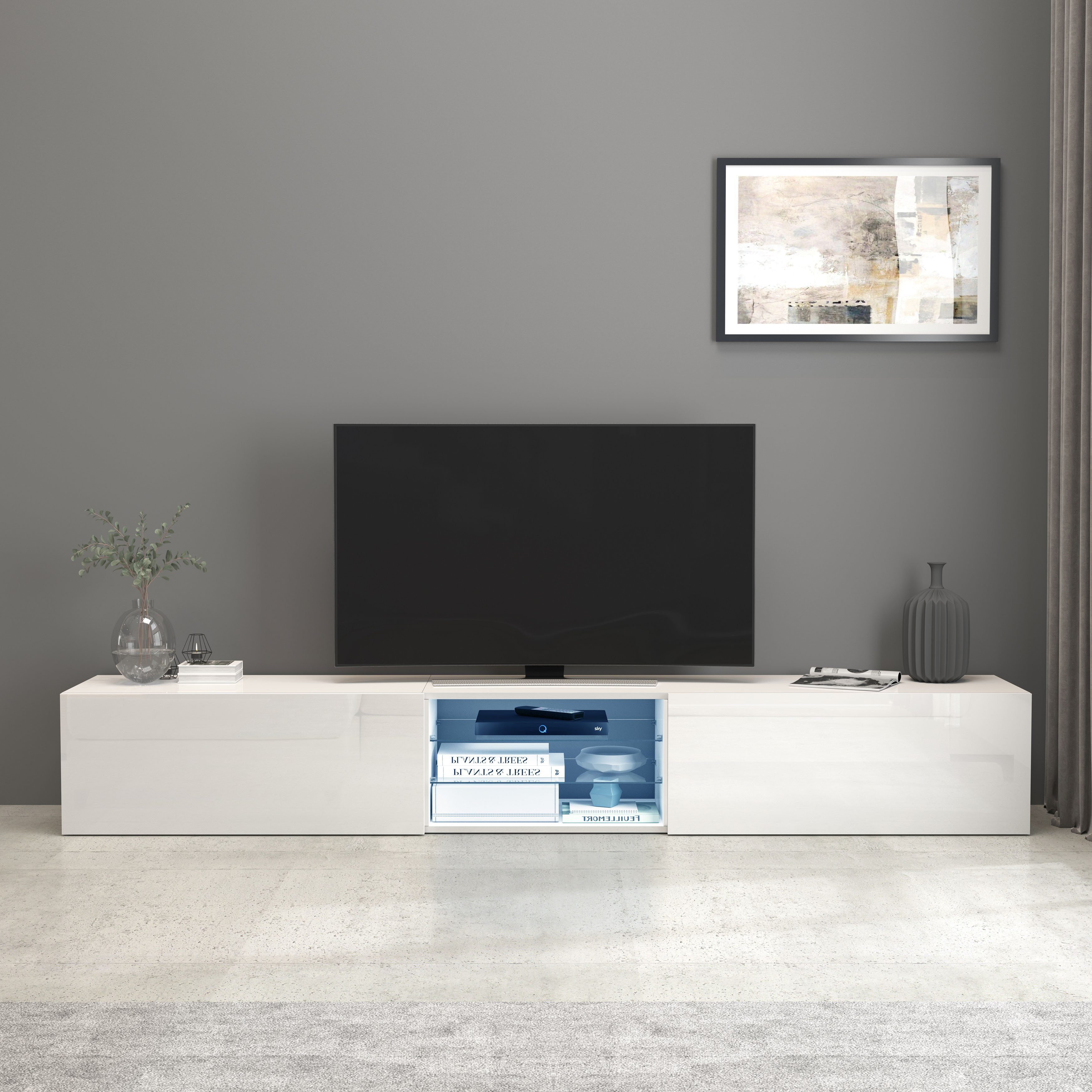 INOSIGN Tv-meubel Egypt, Lowboard, TV-ladekast, TV-meubel, TV-bank met 2 kleppen, 2 glazen planken, volledig hoogglans gelakt (b/d/h) 240x38x35 cm