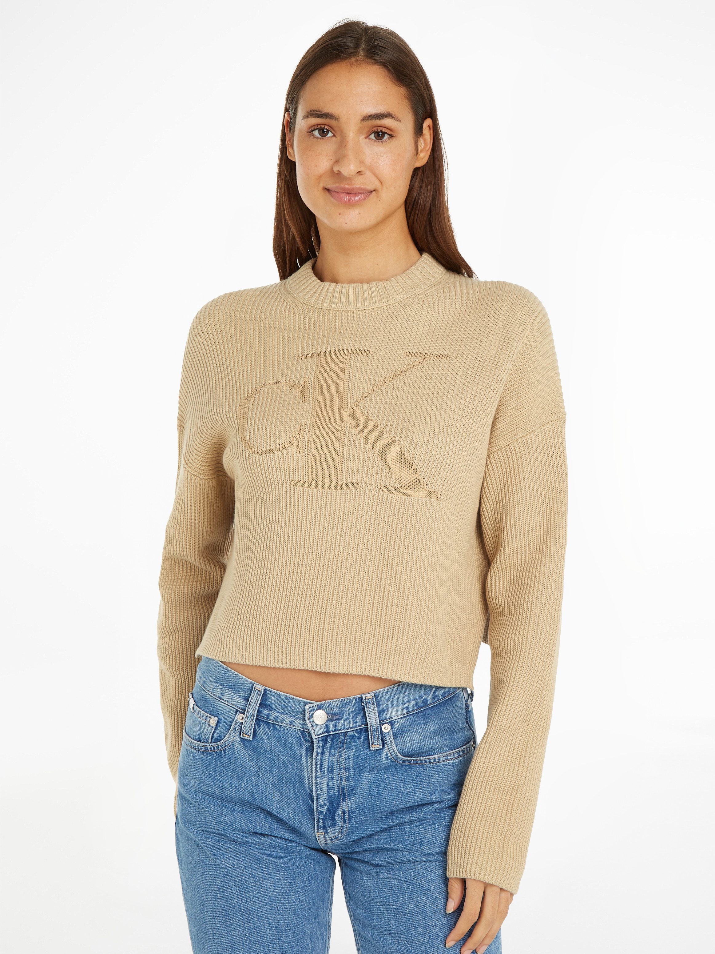 Calvin Klein Jeans Beige Crewneck Sweater met CK Monogram Beige Dames