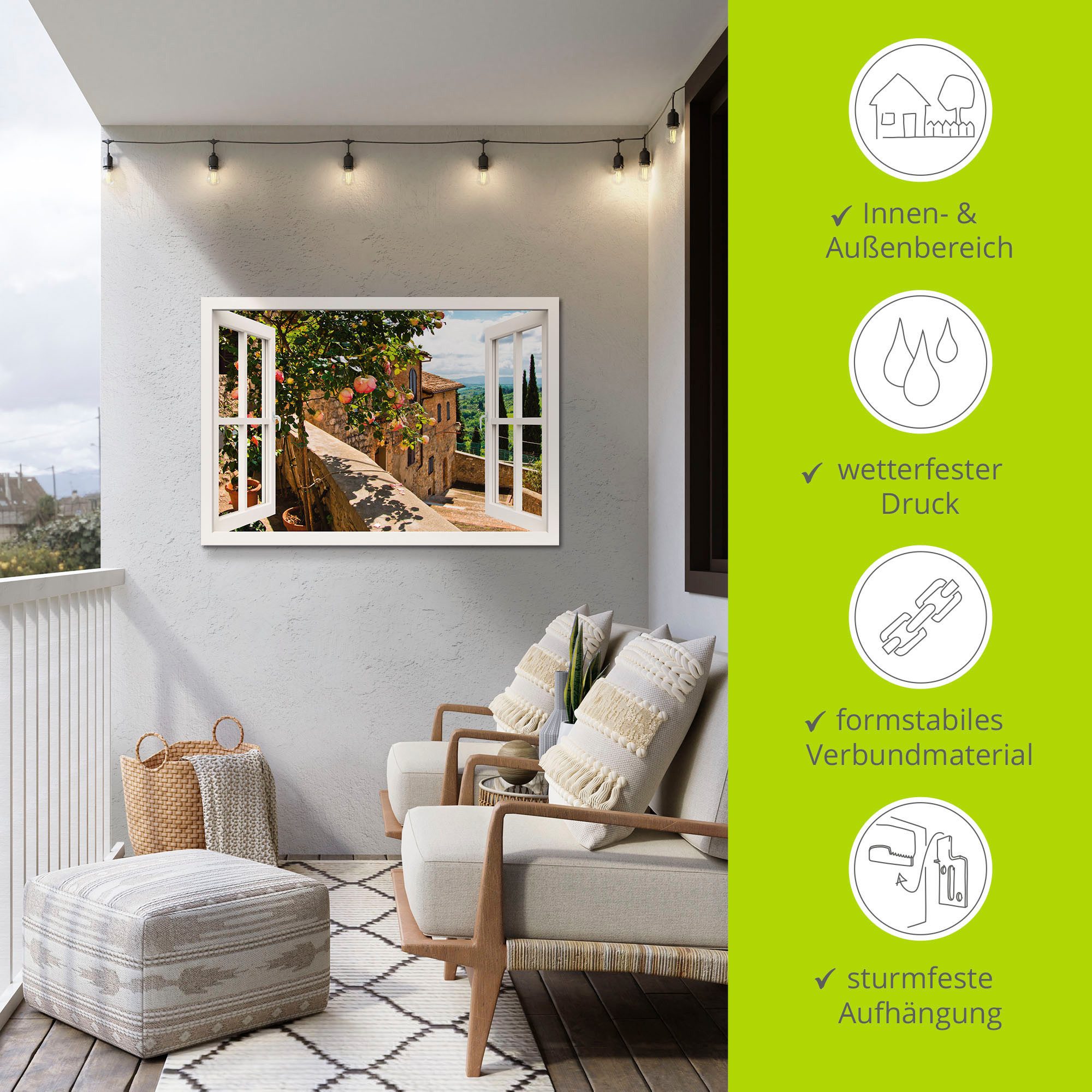 Artland Artprint Blik uit het venster rozen op balkon Toscane als artprint van aluminium, artprint voor buiten, artprint op linnen, poster, muursticker