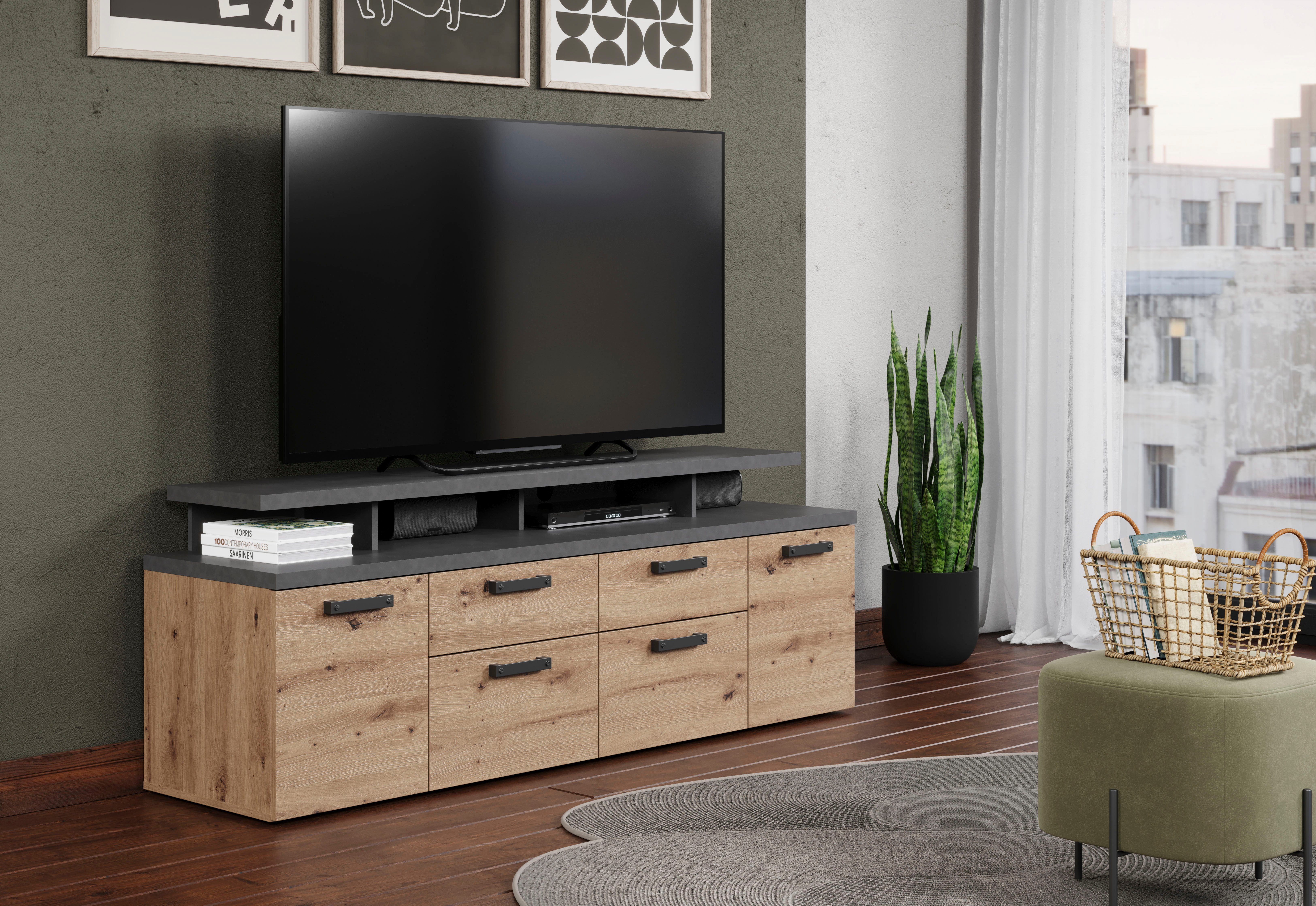 Home affaire Tv-kast Ambres Lowboard inclusief opzetstuk in eik/grijs - Met volledige uittrekfunctie (1 stuk)