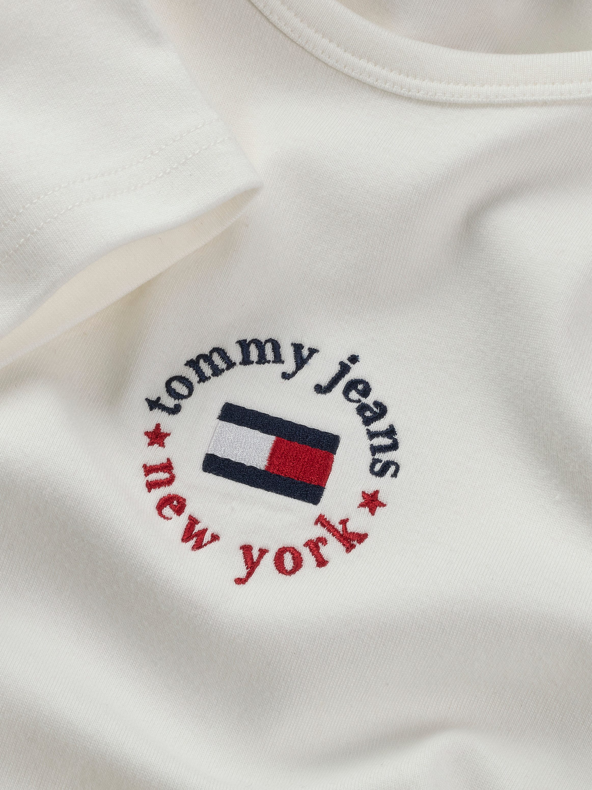 TOMMY JEANS Jerseyjurk TJW BODYCON LOGO 2 DRESS met logo-borduursel, met korte mouwen, in midi-lengte