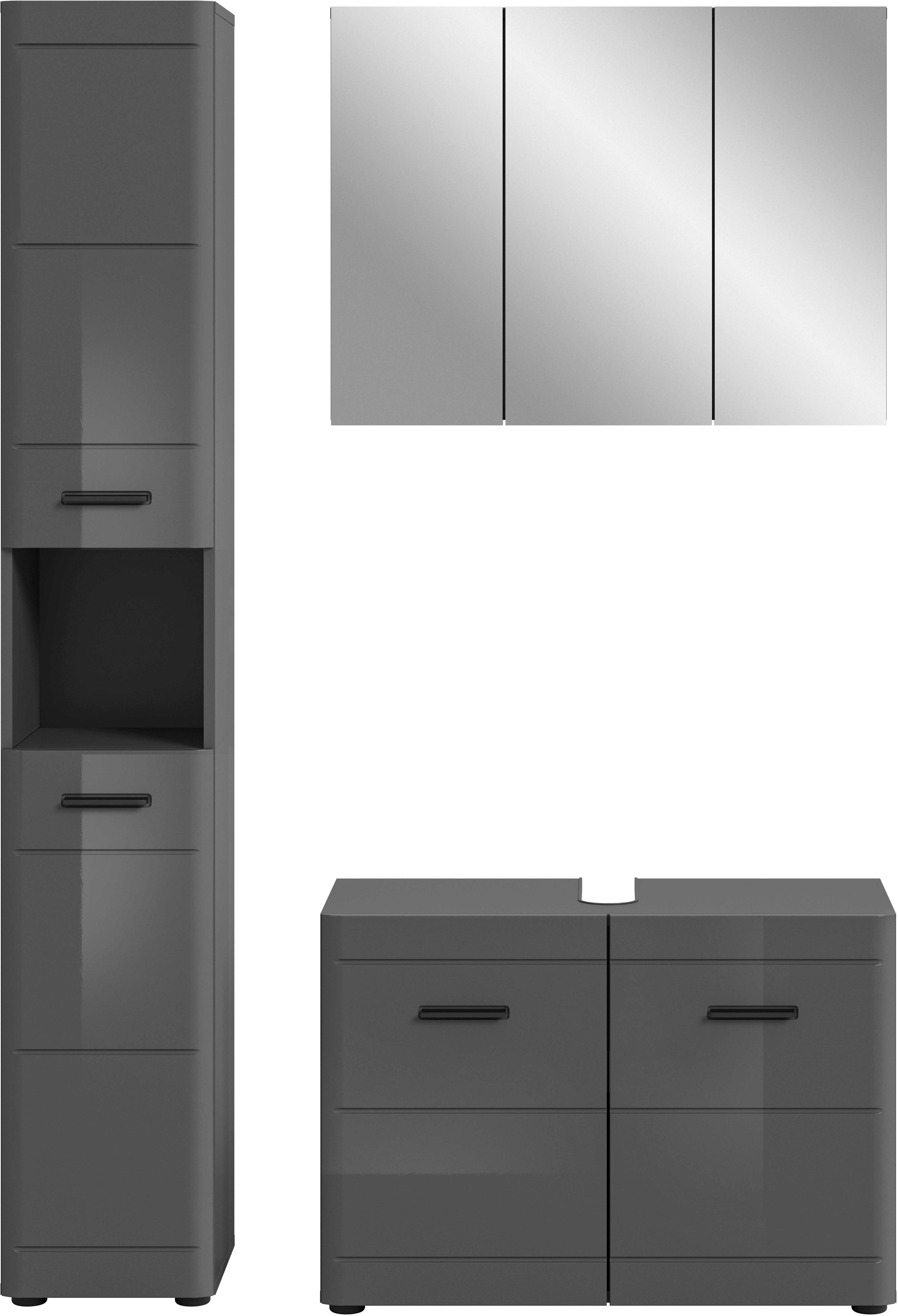 welltime Badmeubelset Doux, bestaande uit: hoge kast, wastafelonderkast Spiegelschrank, hoogwaardige hoogglans MDF front met groeffrasing (3 stuks)